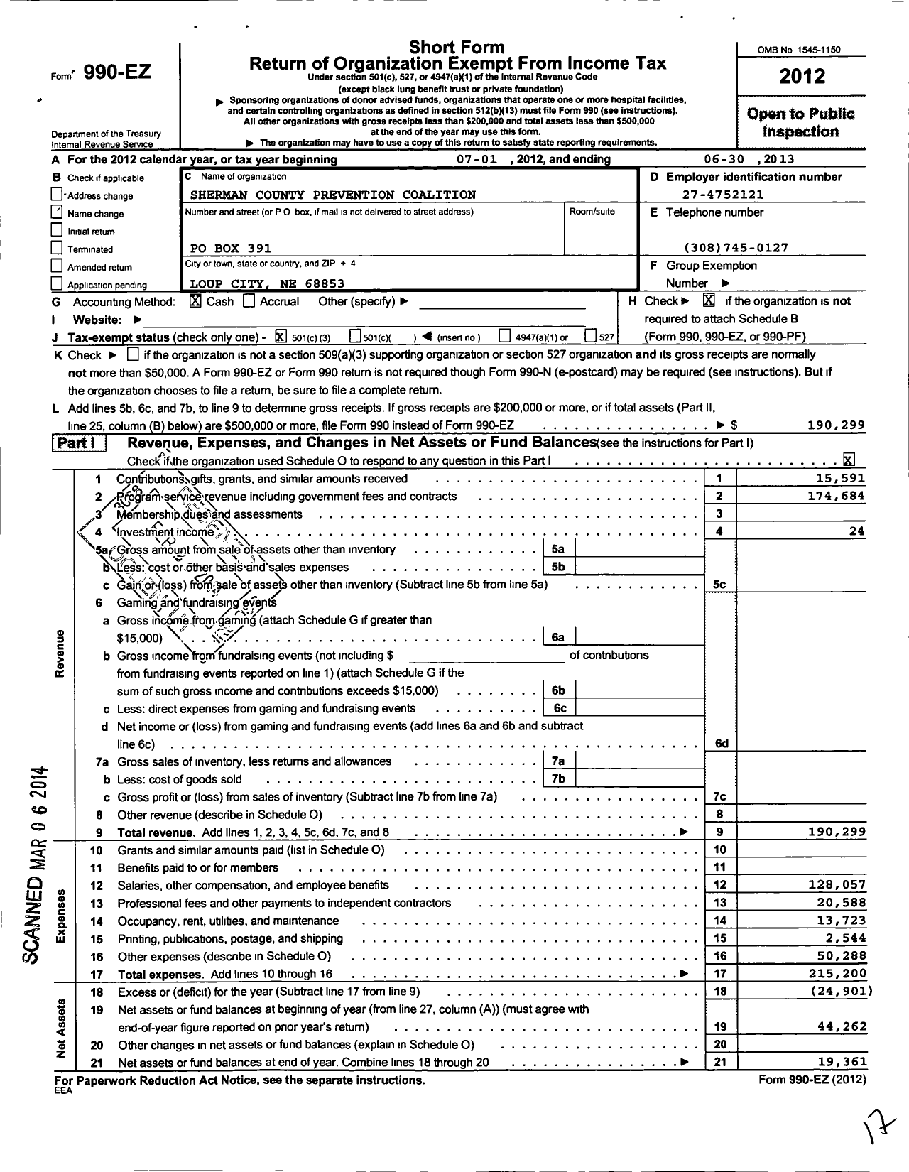 Image of first page of 2012 Form 990EZ for Sherman County Prevention Coalition