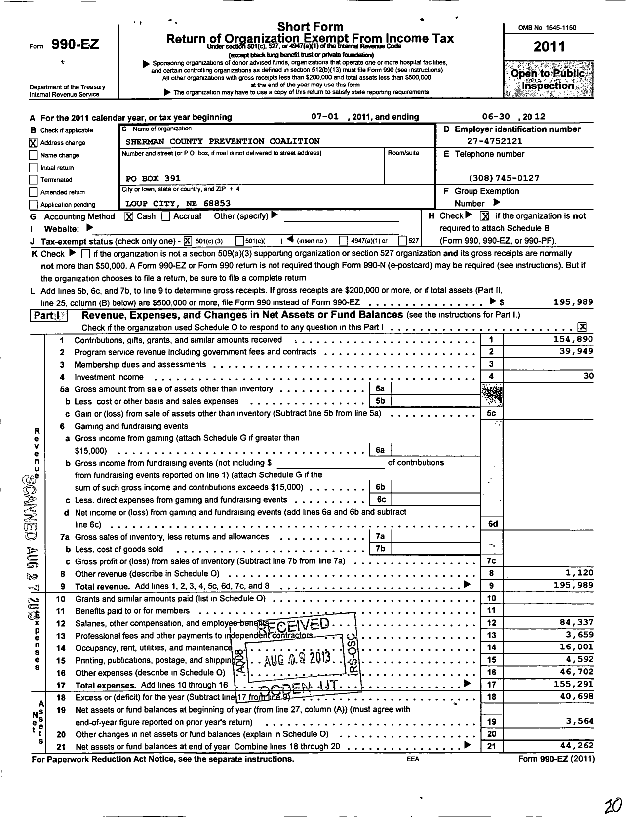 Image of first page of 2011 Form 990EZ for Sherman County Prevention Coalition