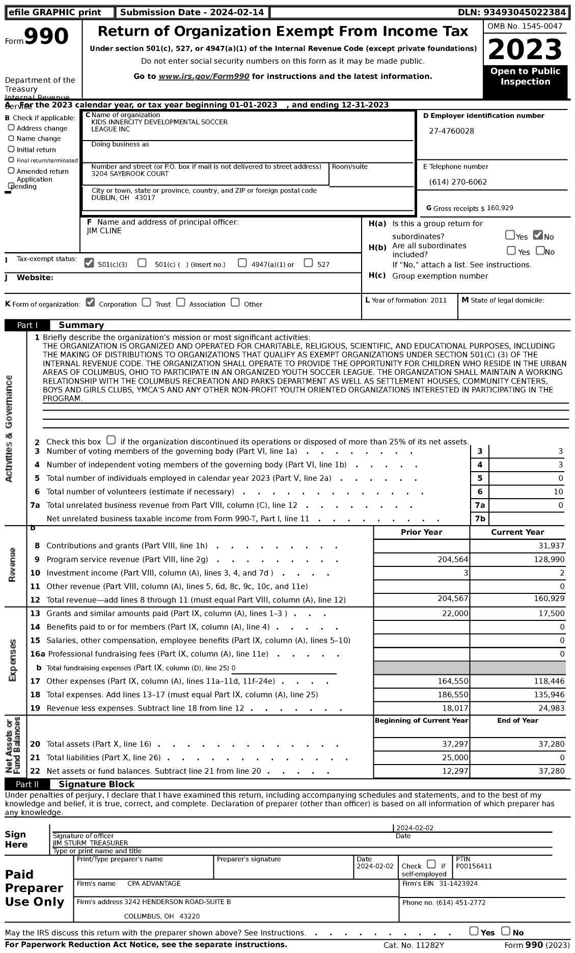 Image of first page of 2023 Form 990 for Kids Innercity Developmental Soccer League