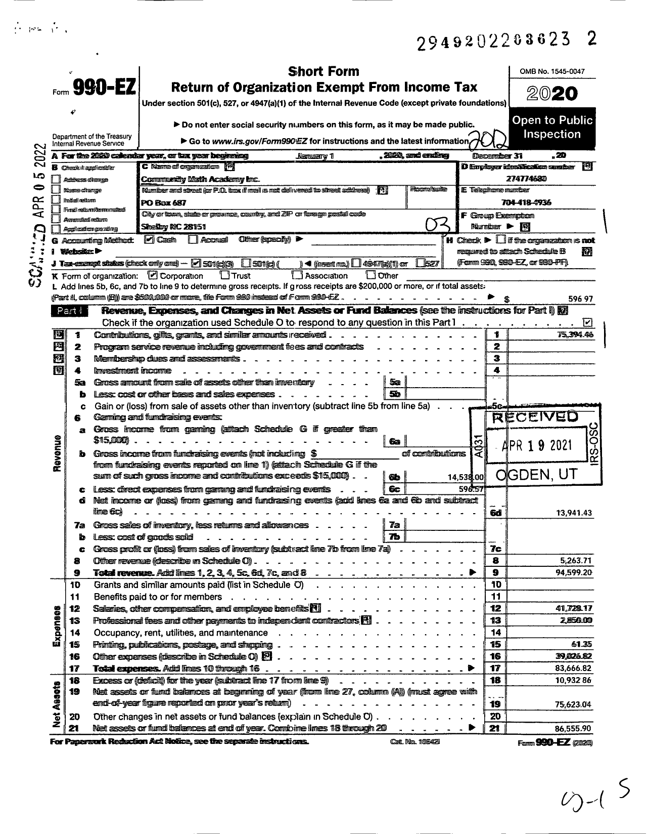 Image of first page of 2020 Form 990EZ for Community Math Academy