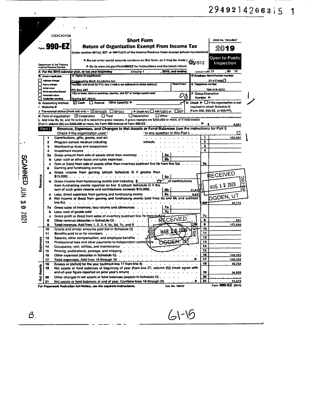 Image of first page of 2019 Form 990EZ for Community Math Academy