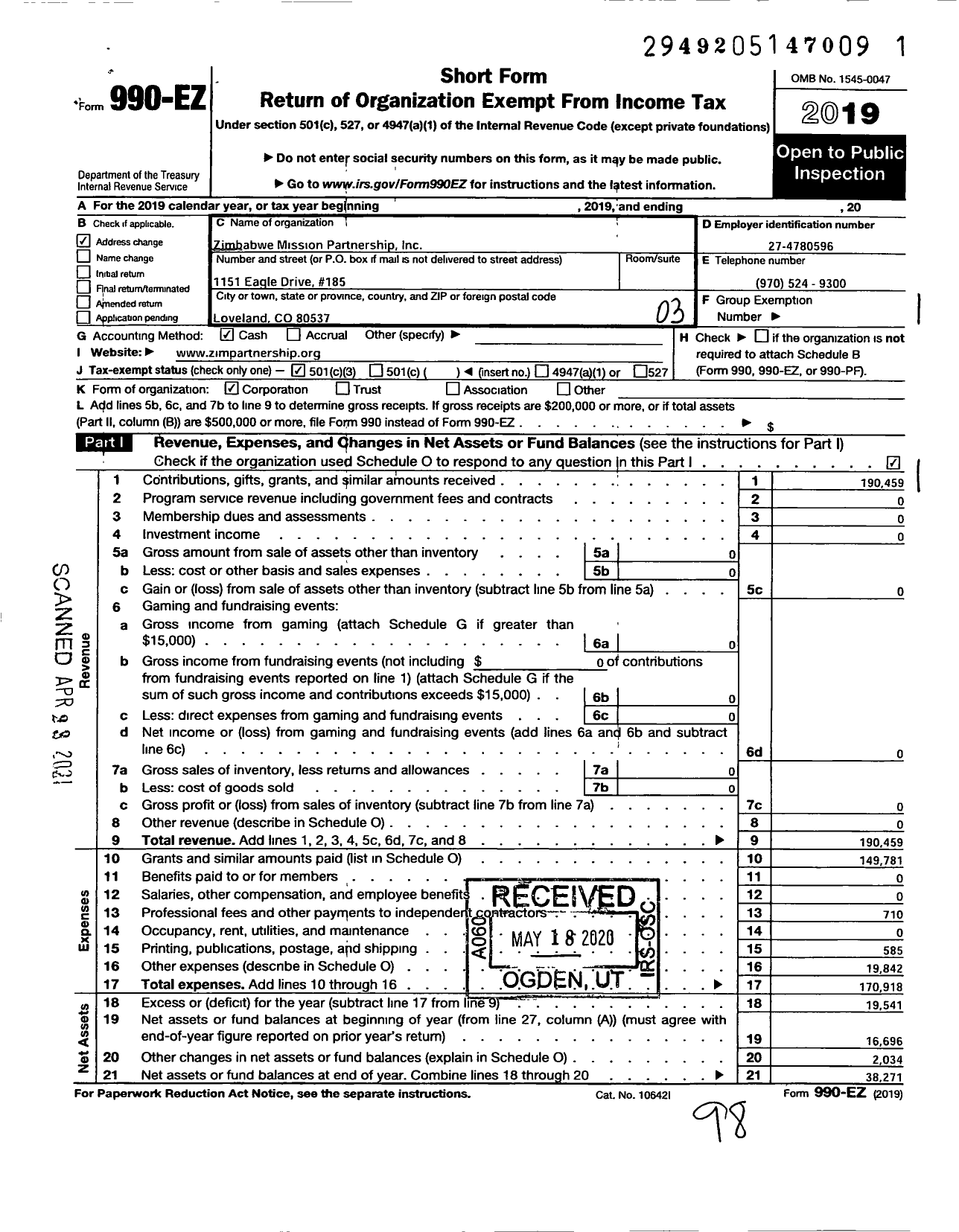 Image of first page of 2019 Form 990EZ for Zimbabwe Mission Partnership