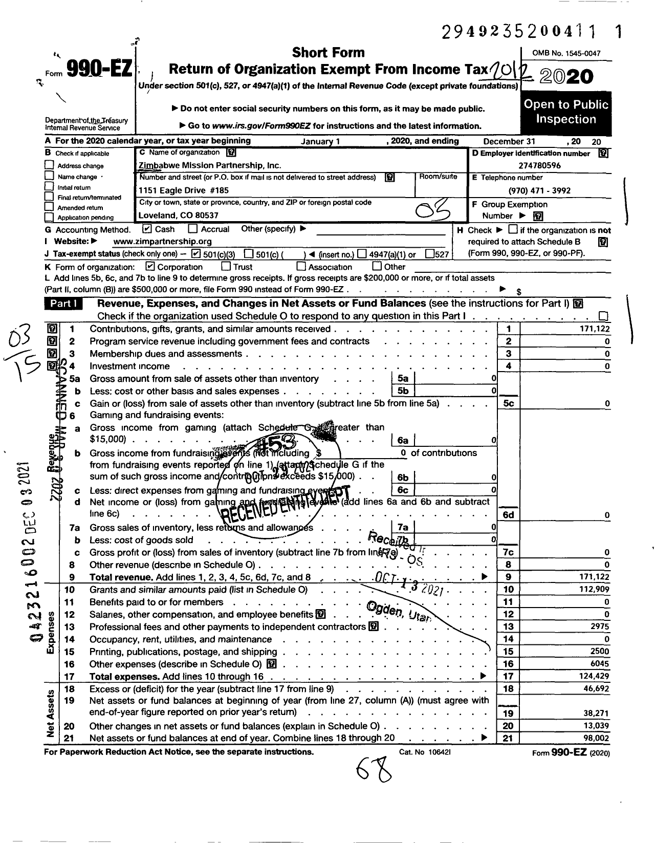 Image of first page of 2020 Form 990EZ for Zimbabwe Mission Partnership