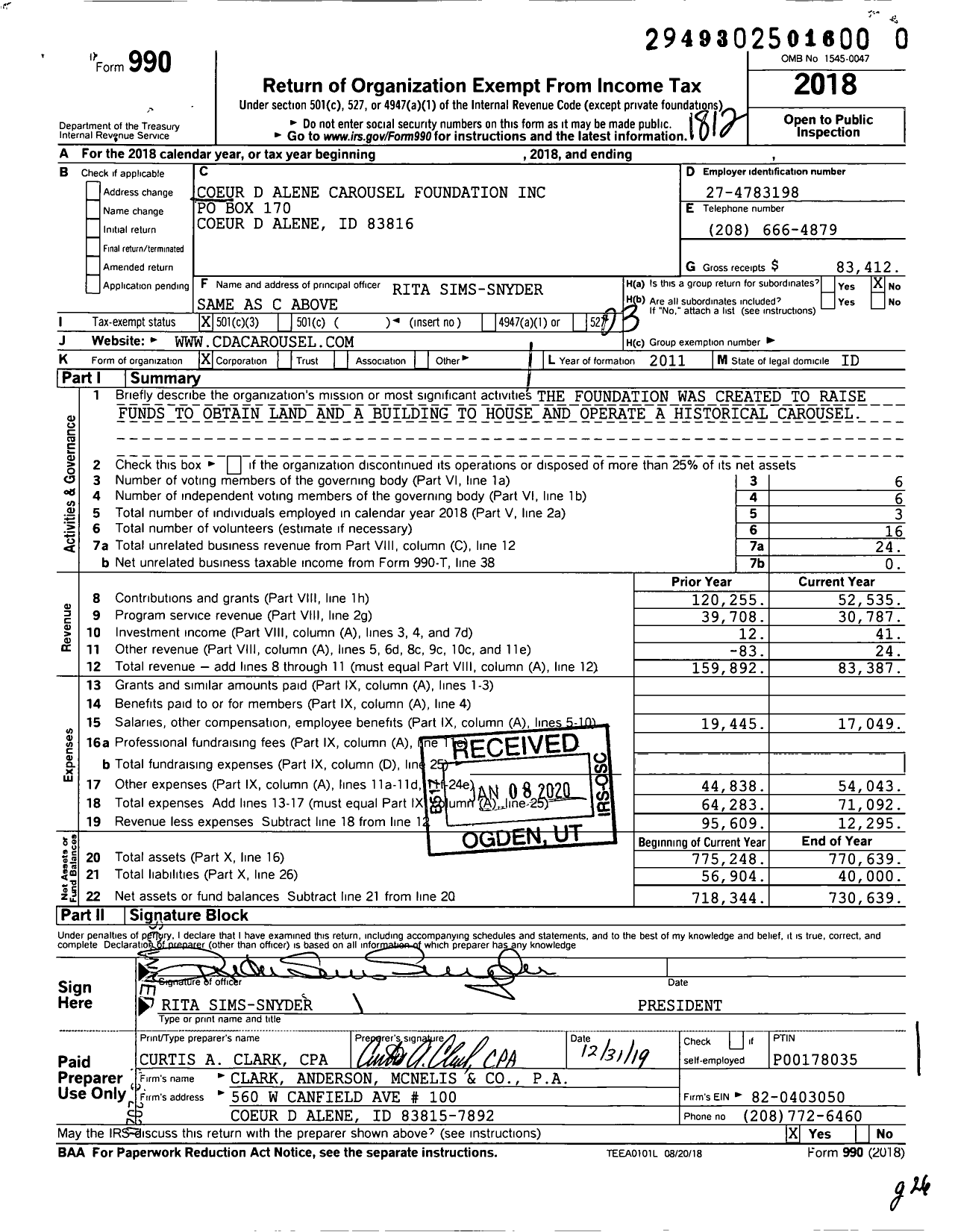 Image of first page of 2018 Form 990 for The Coeur Dalene Carousel Foundation in