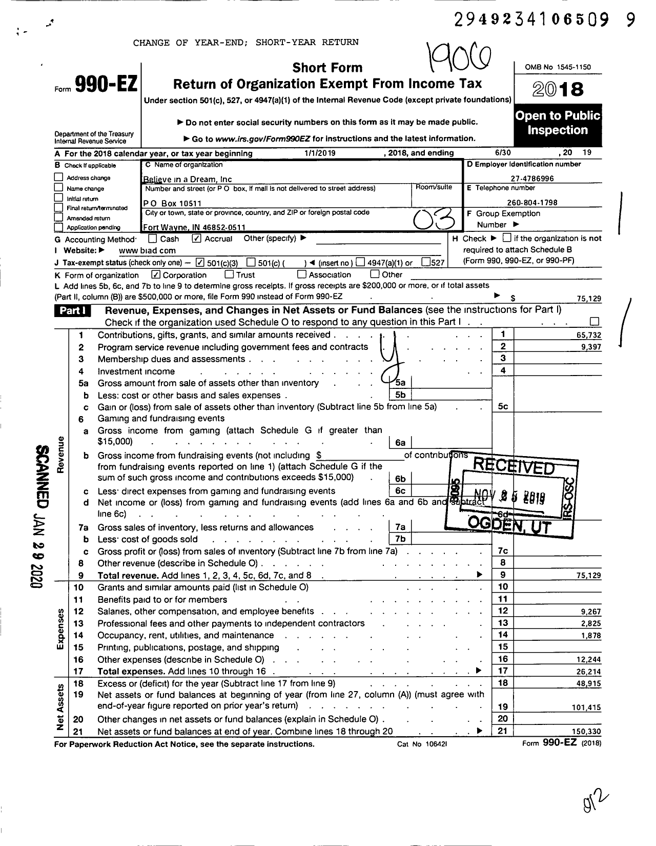 Image of first page of 2018 Form 990EZ for Believe in a Dream