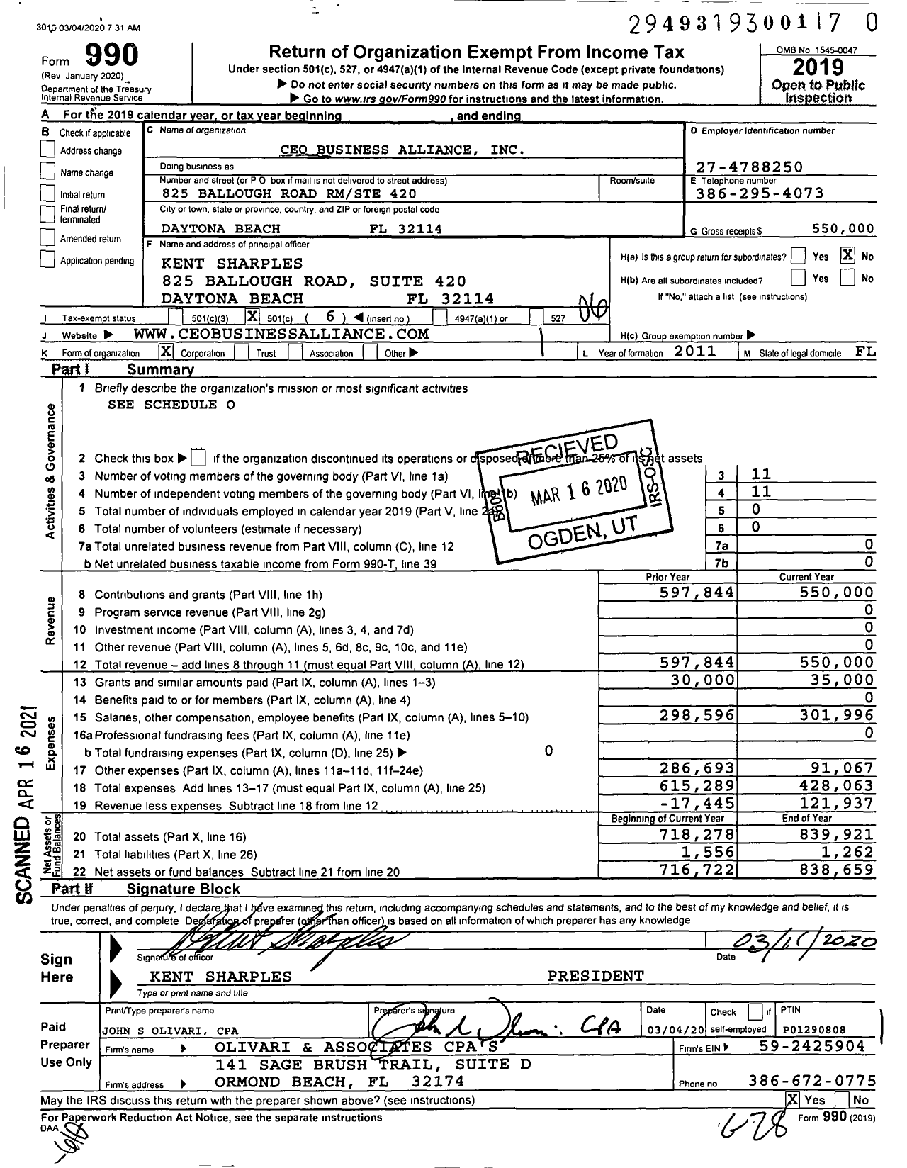 Image of first page of 2019 Form 990O for CEO Business Alliance