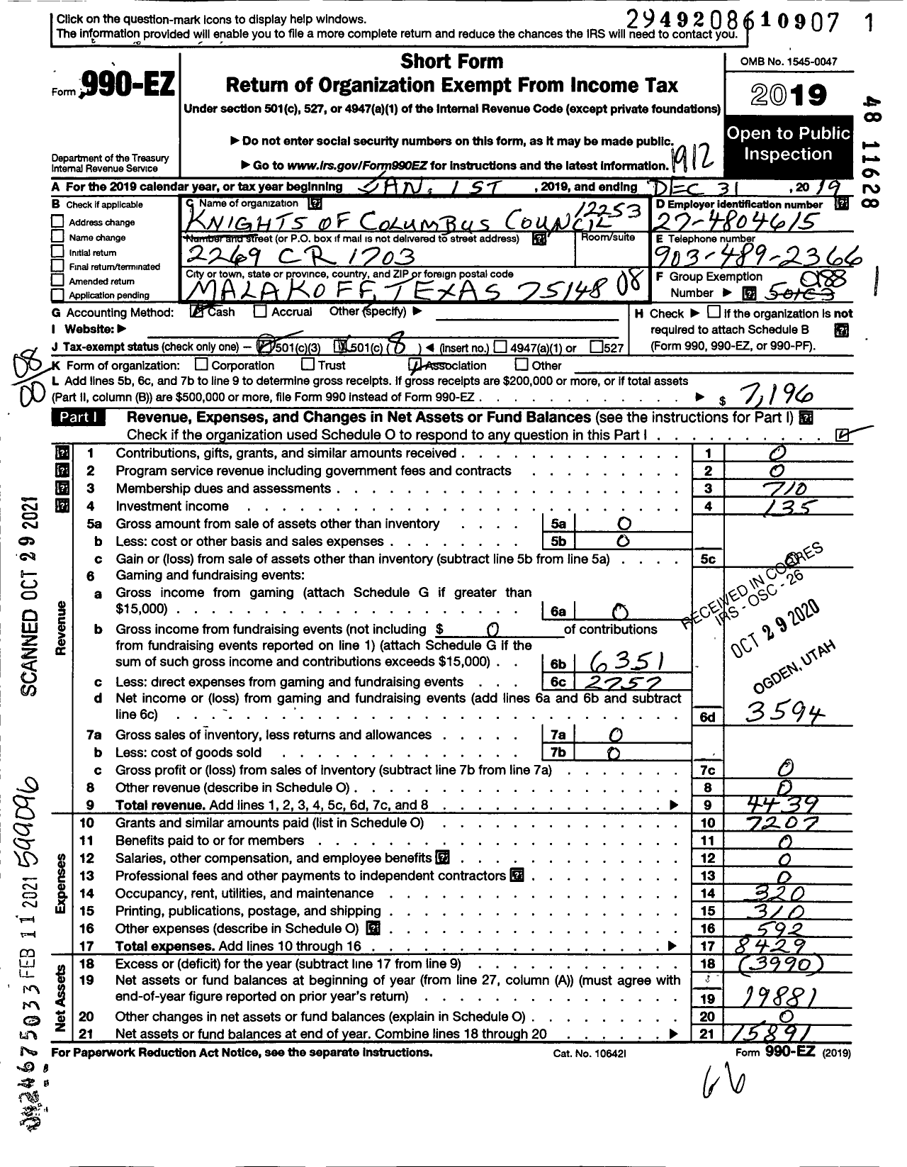 Image of first page of 2019 Form 990EO for Knights of Columbus - 12253 Mary Queen of Heaven Council