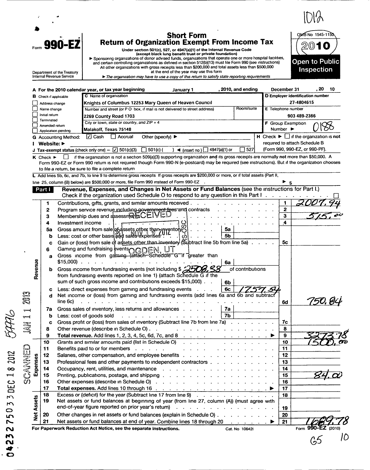 Image of first page of 2010 Form 990EZ for Knights of Columbus - 12253 Mary Queen of Heaven Council