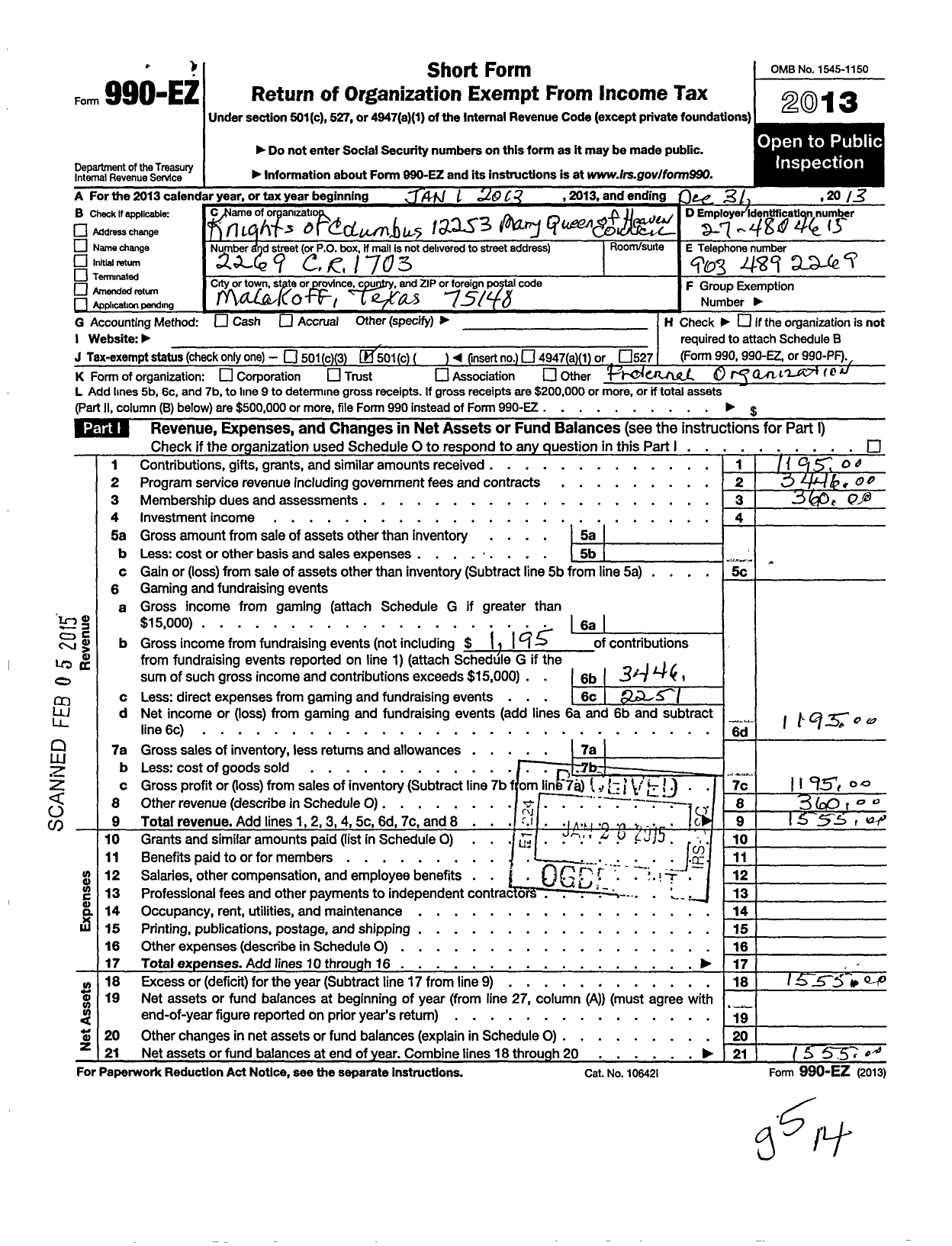 Image of first page of 2013 Form 990EO for Knights of Columbus - 12253 Mary Queen of Heaven Council