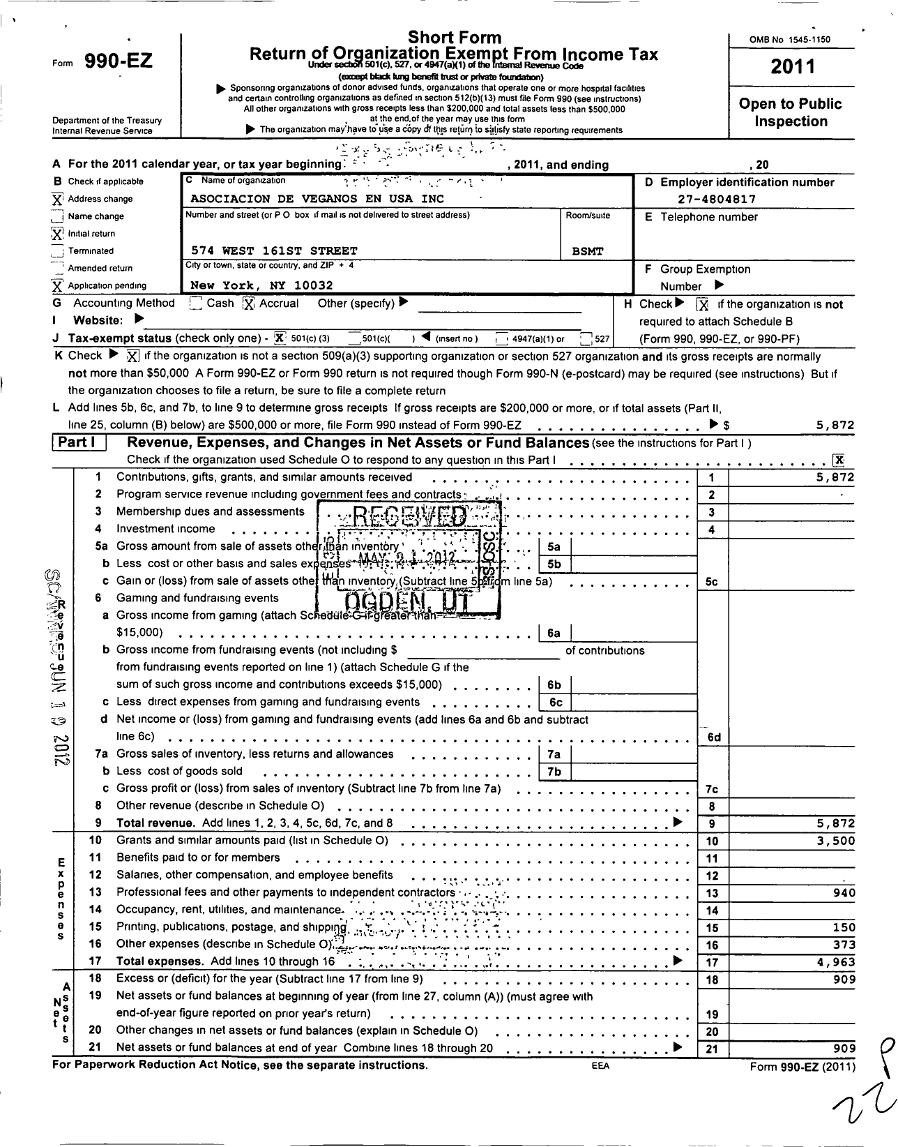 Image of first page of 2011 Form 990EZ for Asociacion de Veganos En USA