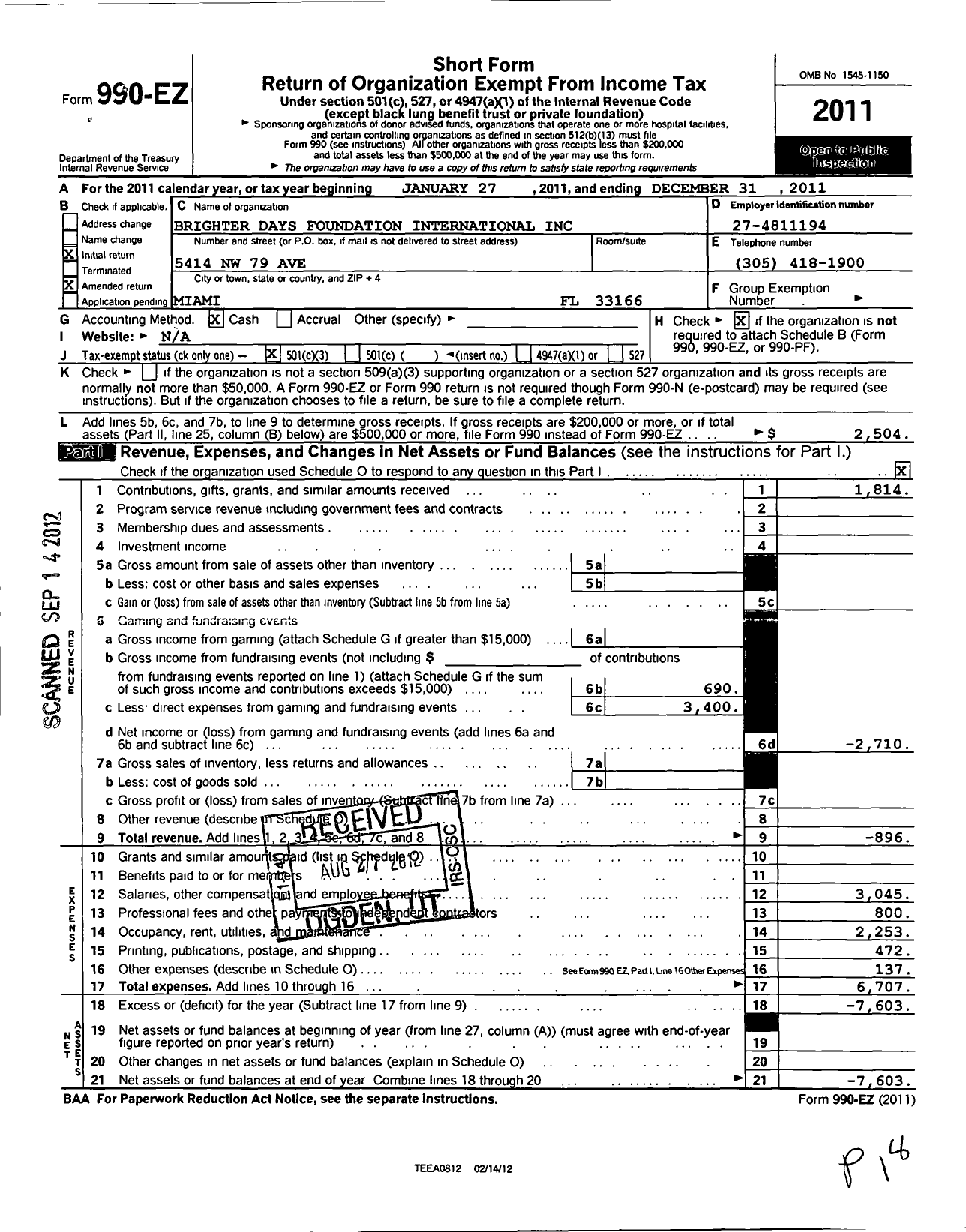 Image of first page of 2011 Form 990EZ for Brighter Days Foundation International