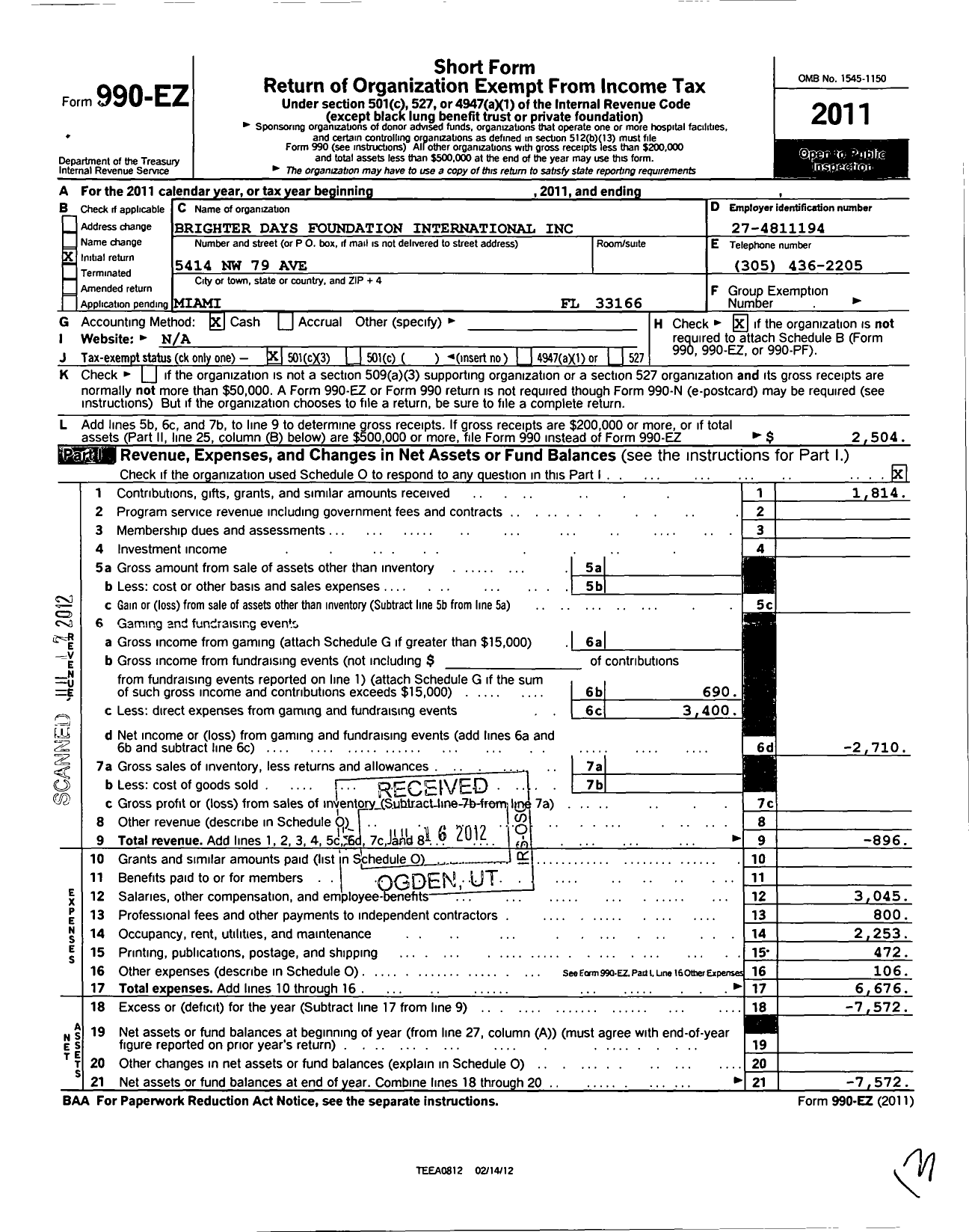 Image of first page of 2011 Form 990EZ for Brighter Days Foundation International