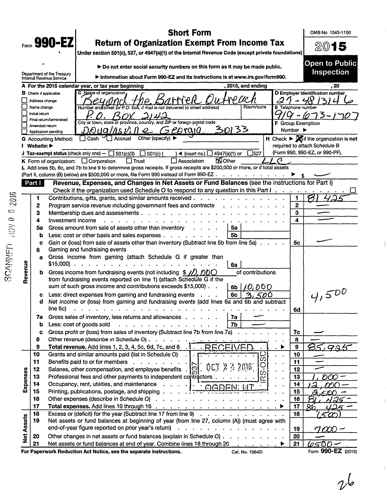 Image of first page of 2015 Form 990EO for Beyond the Barrier Outreach LLC