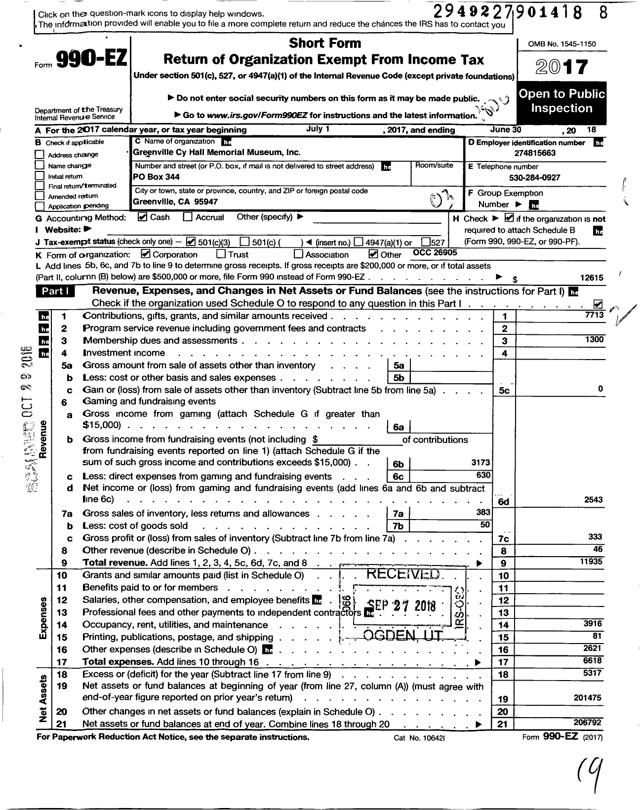 Image of first page of 2017 Form 990EZ for Greenville Cy Hall Memorial Museum