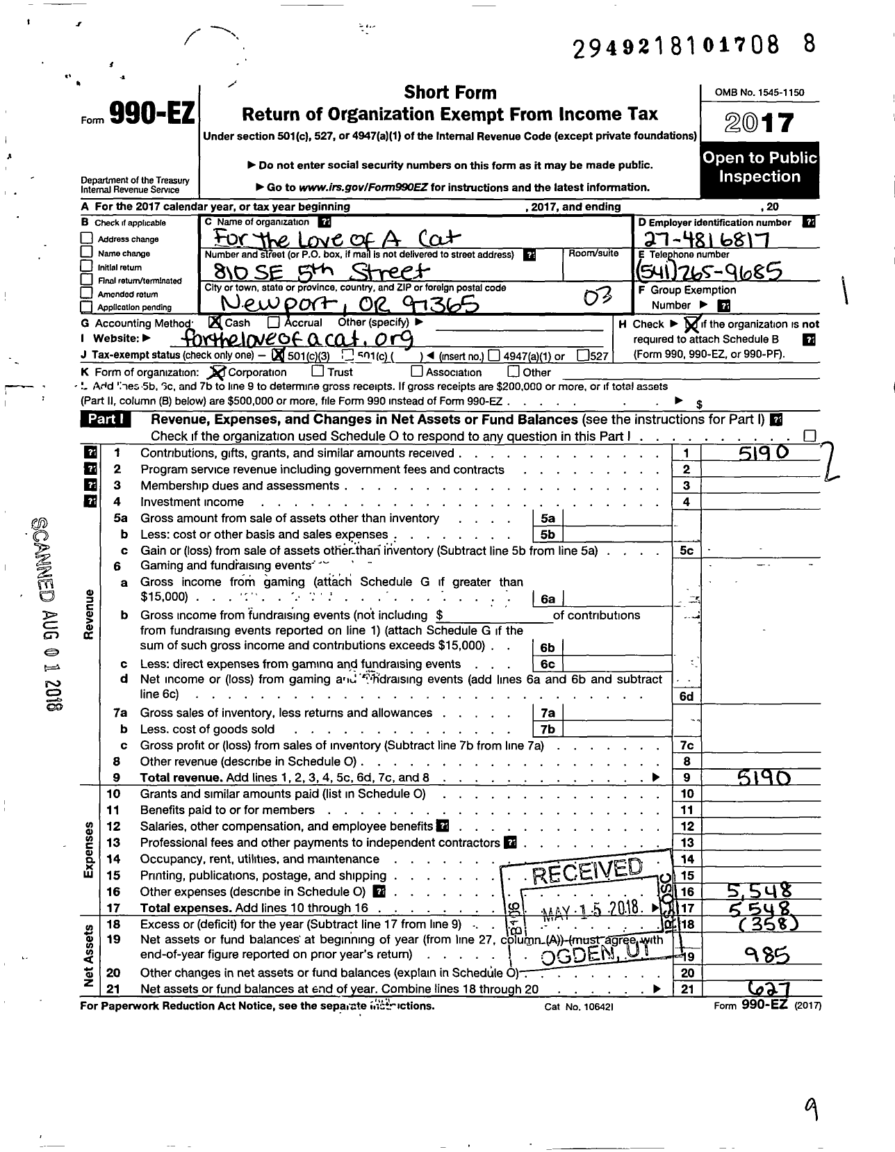 Image of first page of 2017 Form 990EZ for For the Love of A Cat