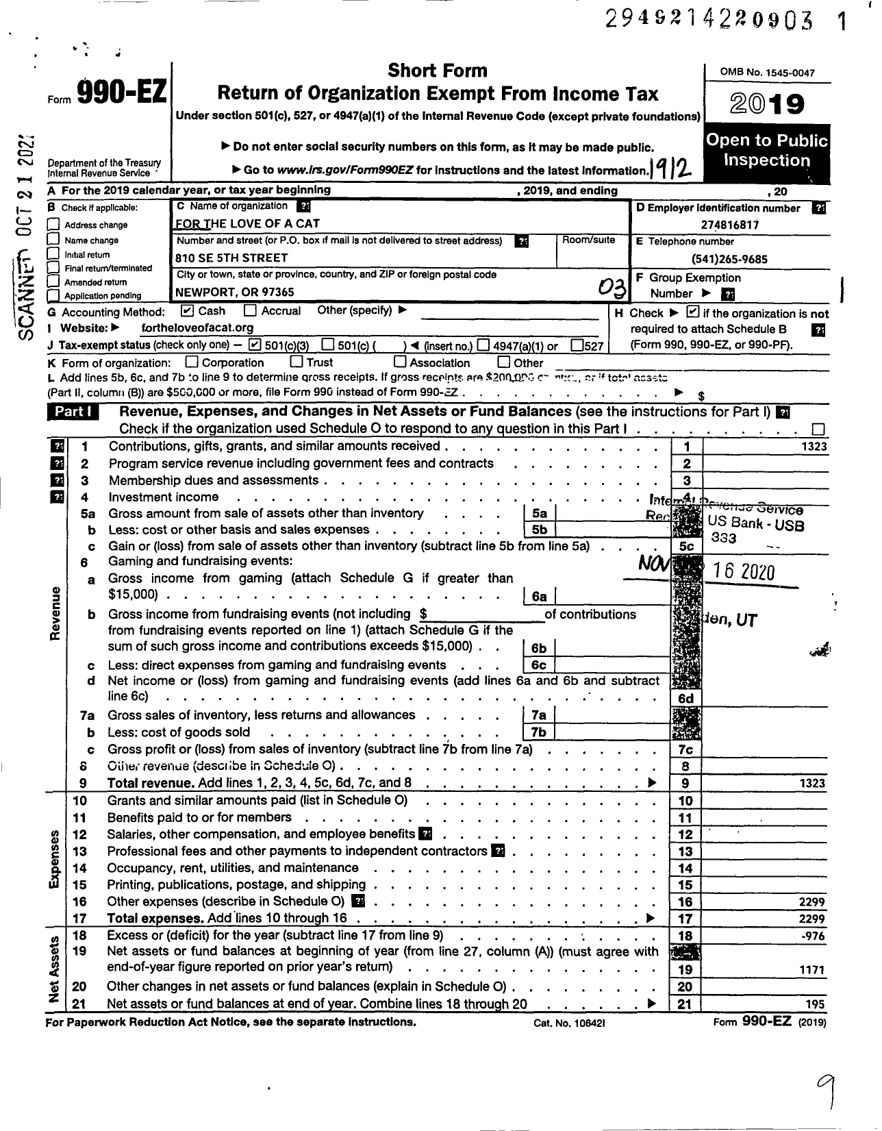 Image of first page of 2019 Form 990EZ for For the Love of A Cat