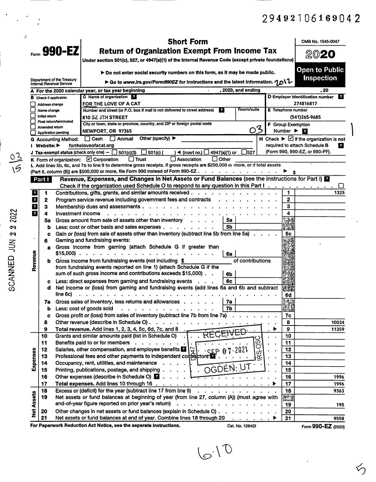 Image of first page of 2020 Form 990EZ for For the Love of A Cat