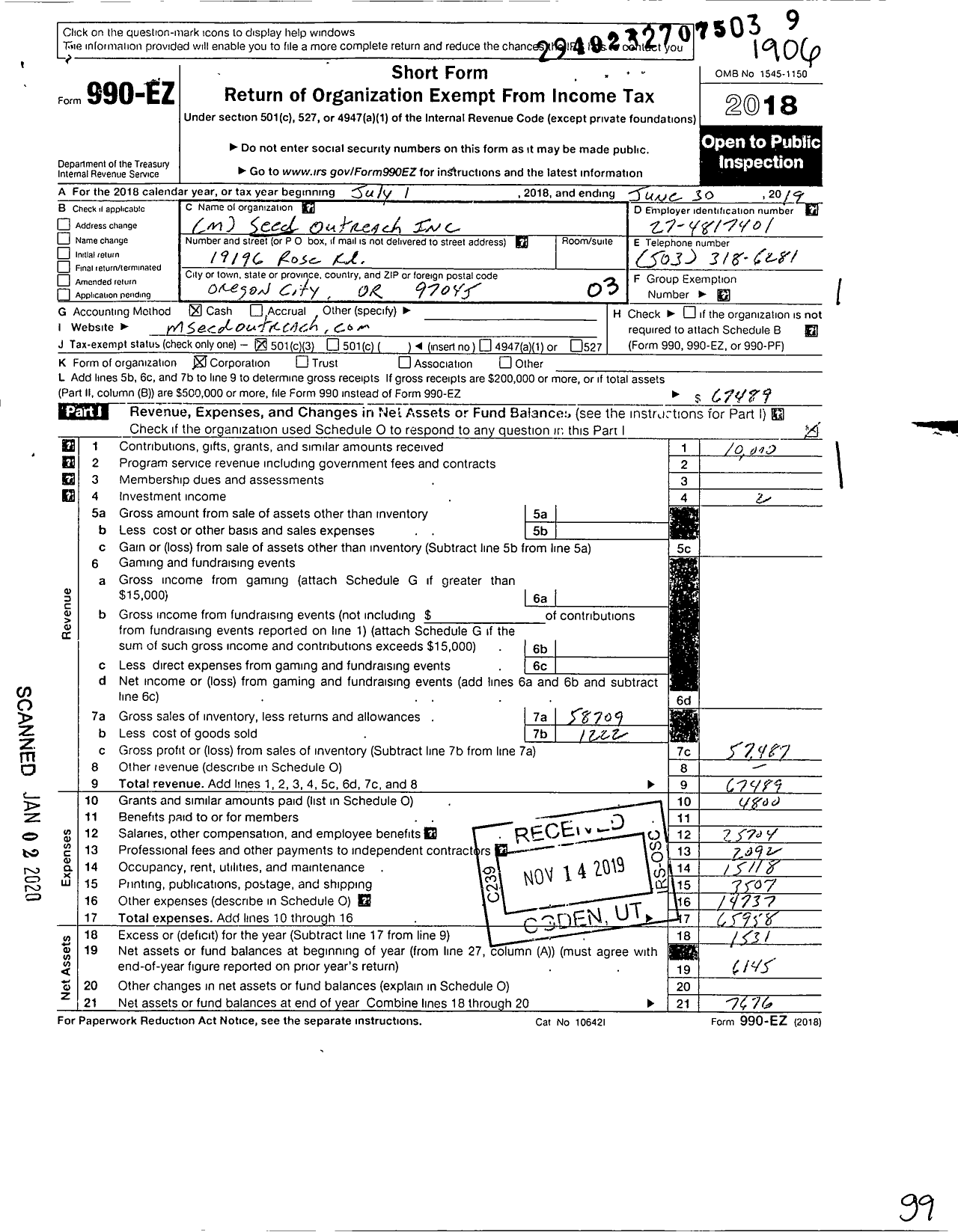 Image of first page of 2018 Form 990EZ for Seed Outreach Incorporated