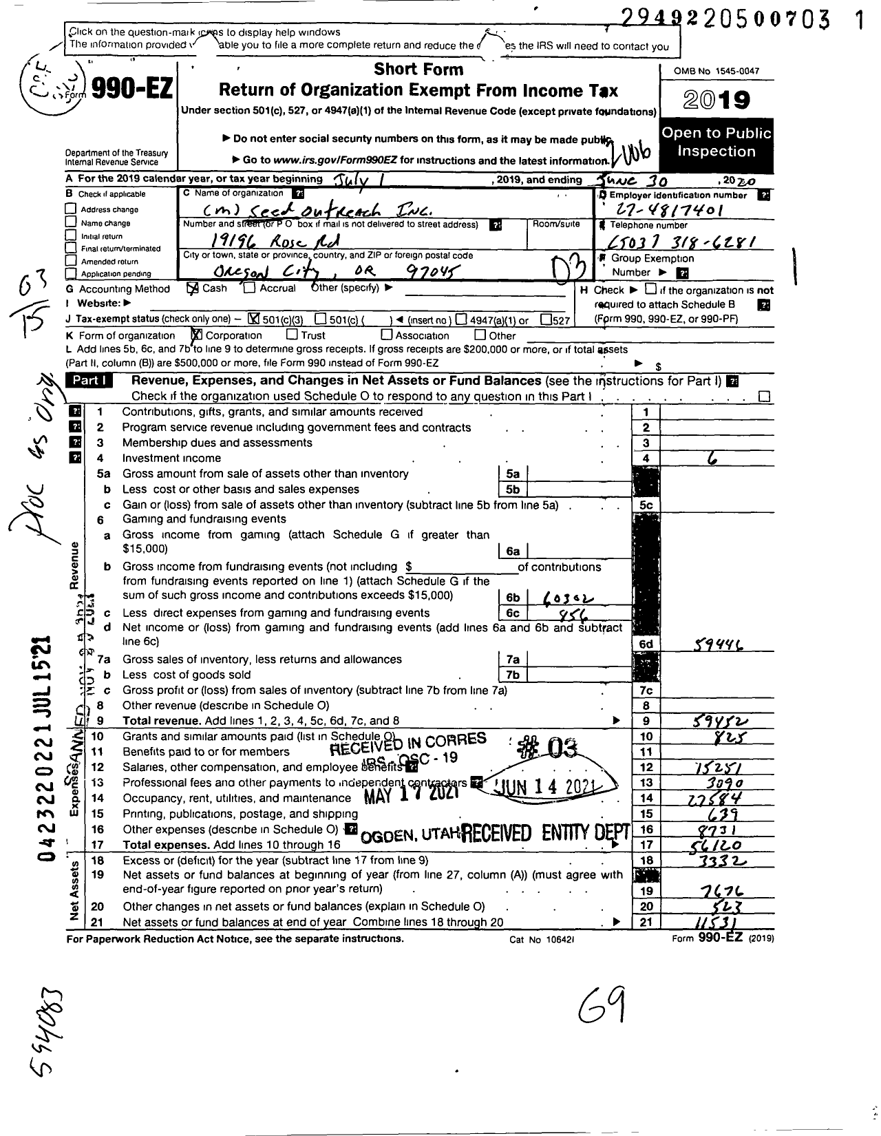 Image of first page of 2019 Form 990EZ for Seed Outreach Incorporated