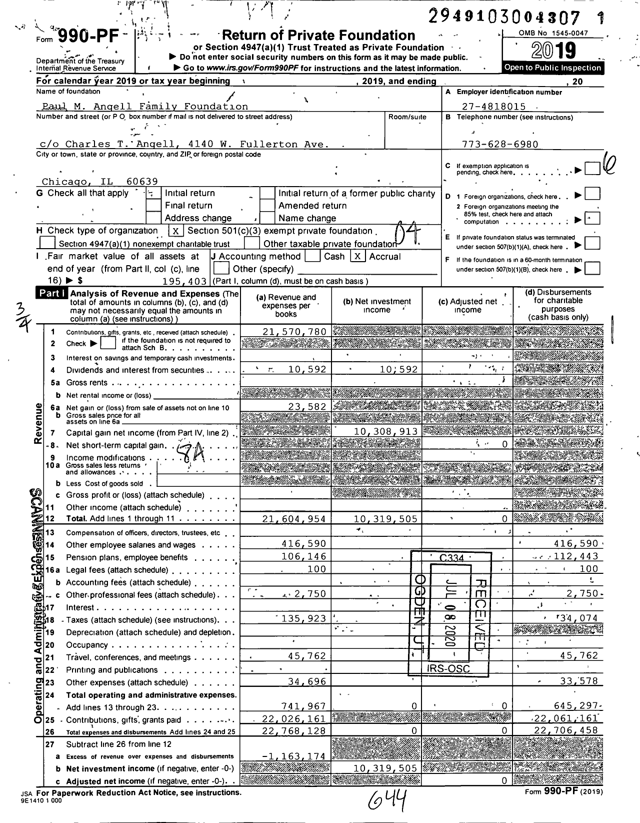 Image of first page of 2019 Form 990PF for Paul M. Angell Family Foundation