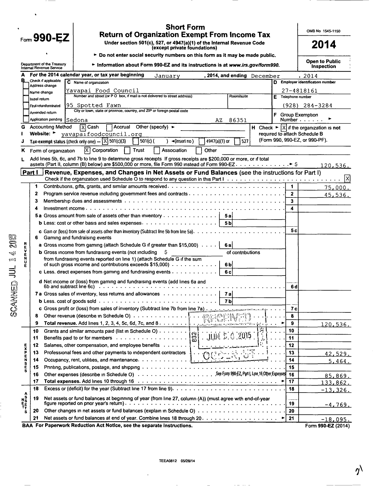 Image of first page of 2014 Form 990EZ for Yavapai Food Council