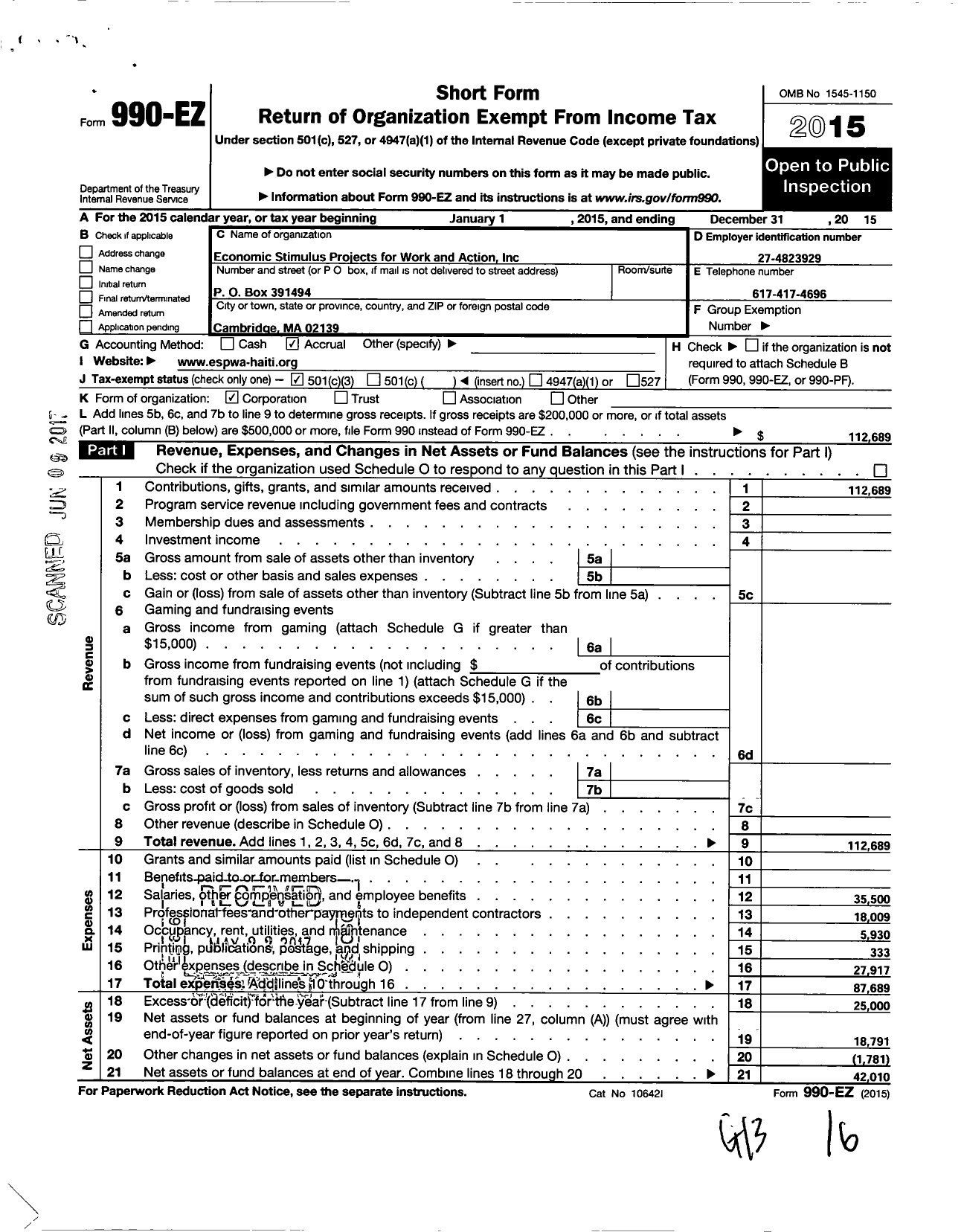 Image of first page of 2015 Form 990EZ for Economic Stimulus Projects for Works and Action