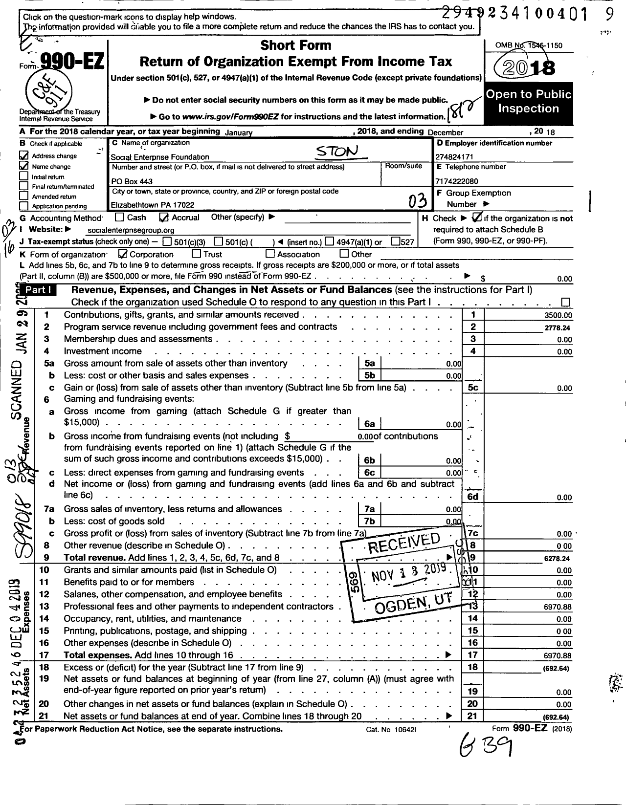 Image of first page of 2018 Form 990EZ for Social Enterprise Advocates