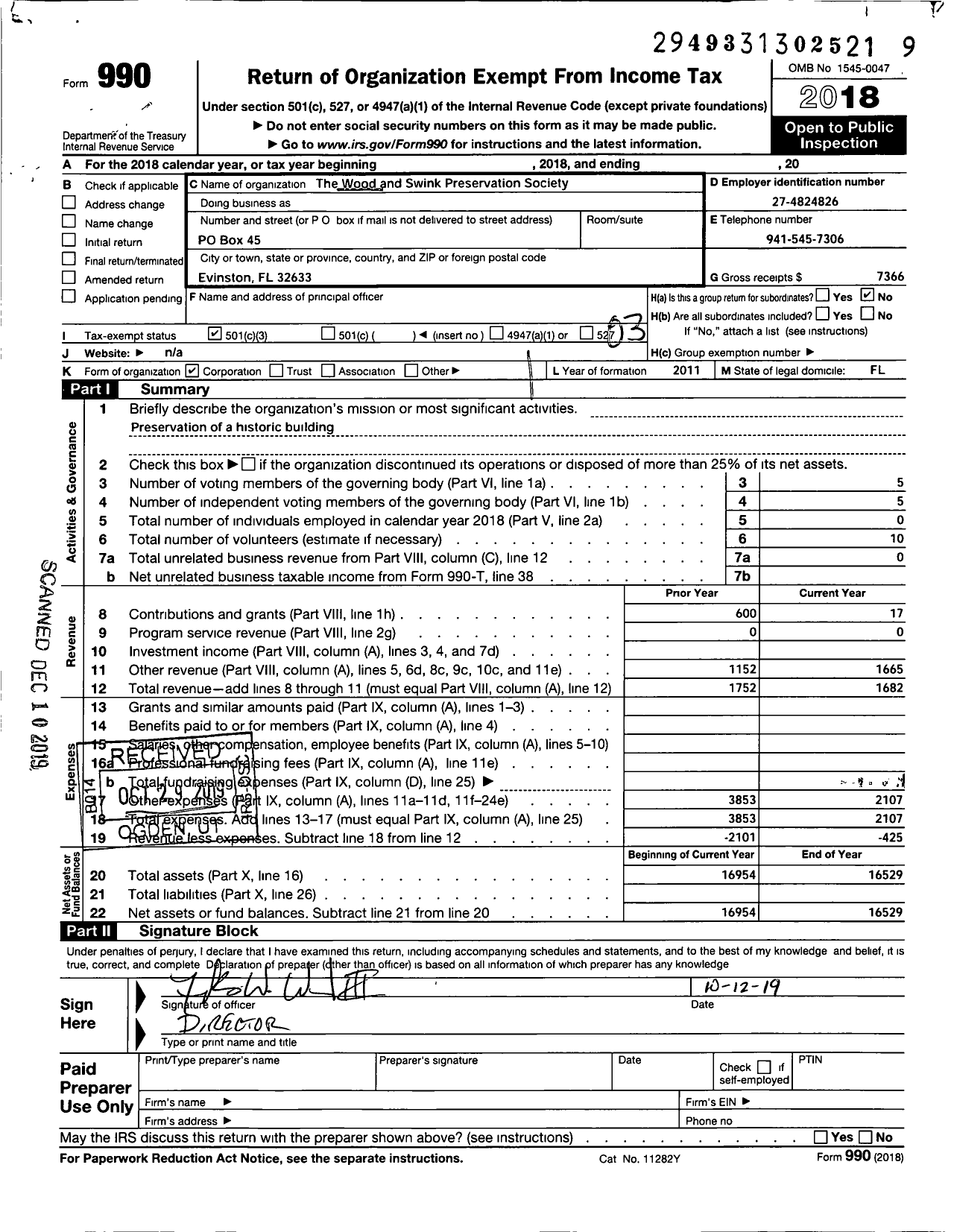 Image of first page of 2018 Form 990 for The Wood and Swink Preservation Society