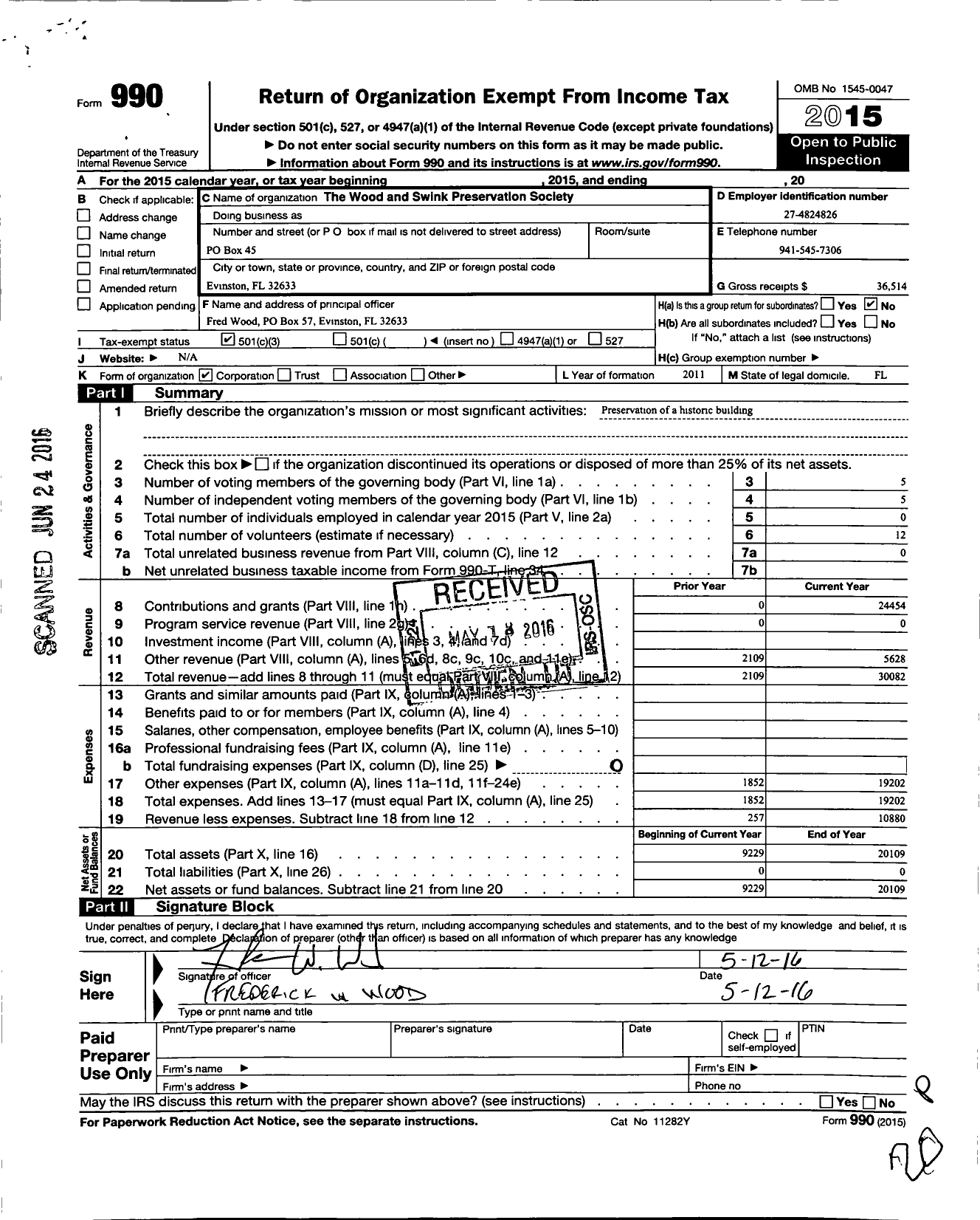 Image of first page of 2015 Form 990 for The Wood and Swink Preservation Society