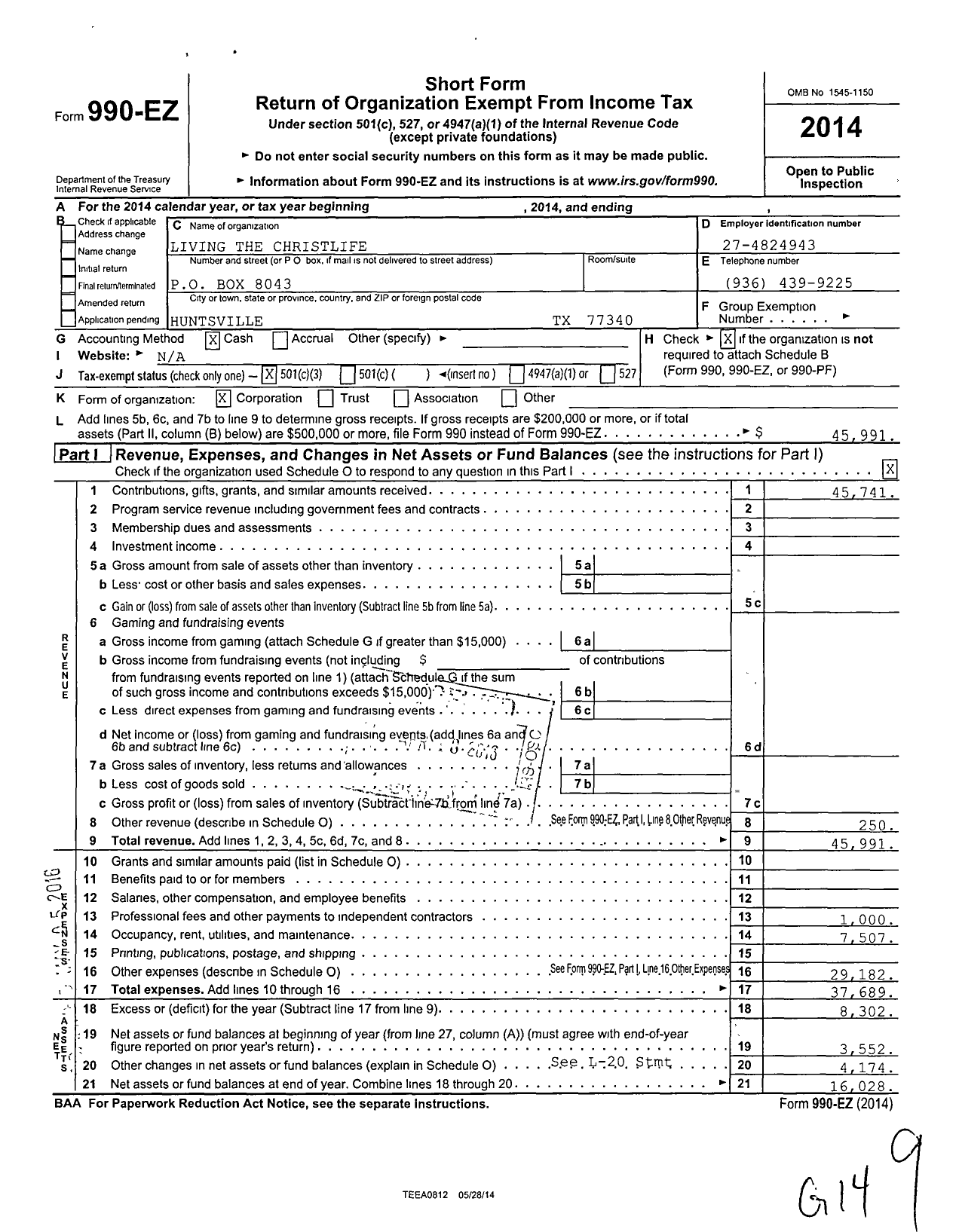 Image of first page of 2014 Form 990EZ for Living the Christlife