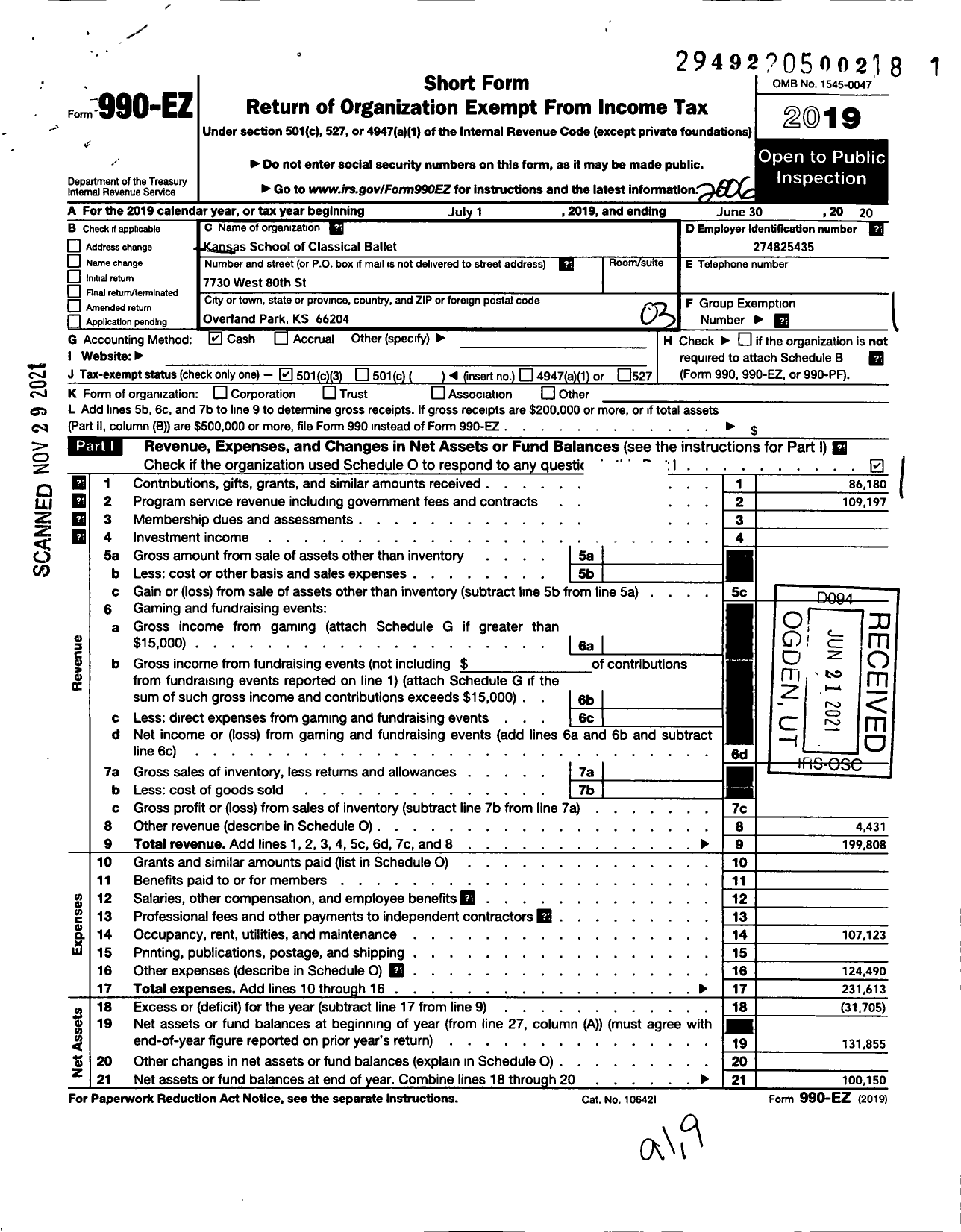 Image of first page of 2019 Form 990EZ for Kansas School of Classical Ballet