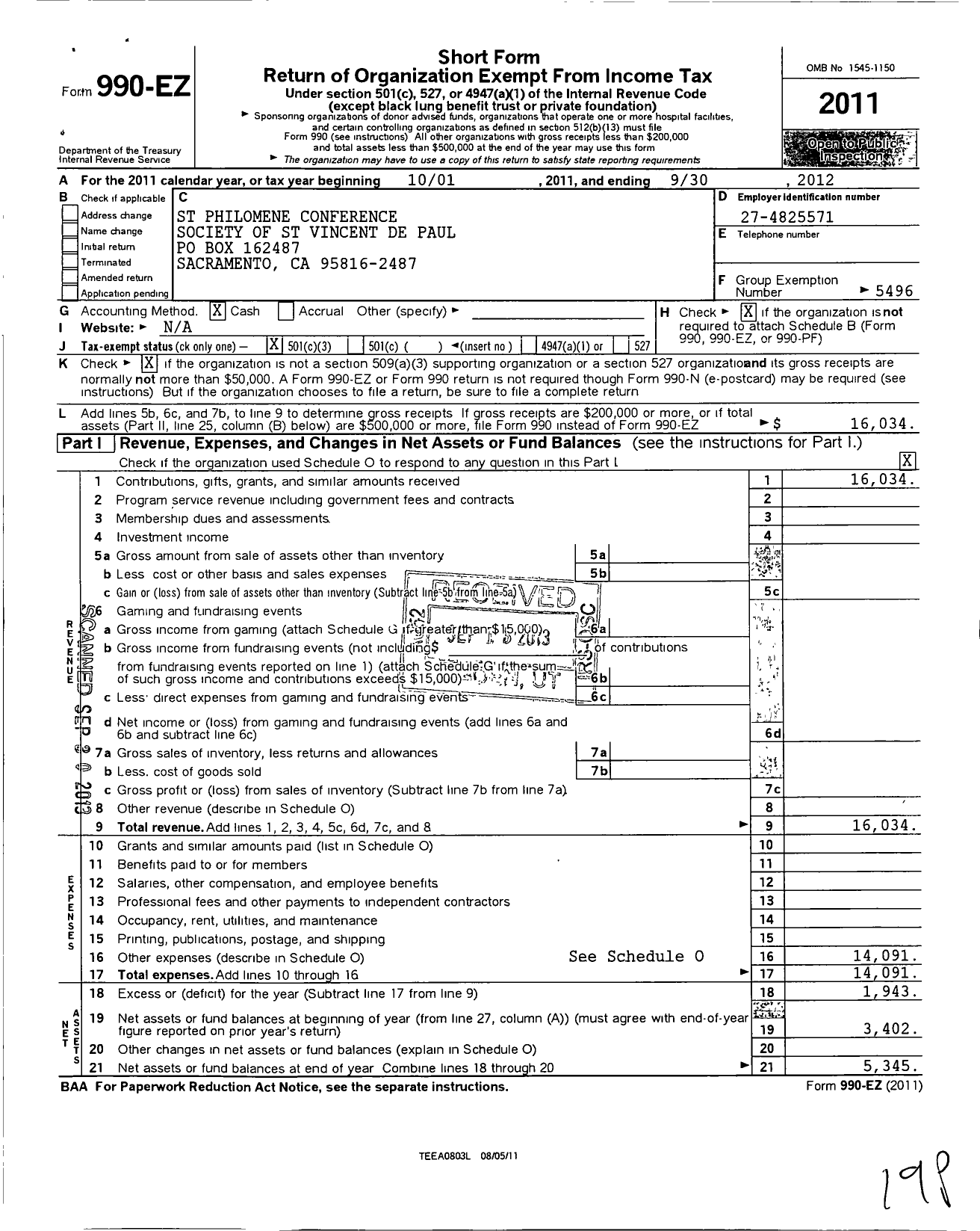 Image of first page of 2011 Form 990EZ for St Philomene Conference Society of St Vincent de Paul