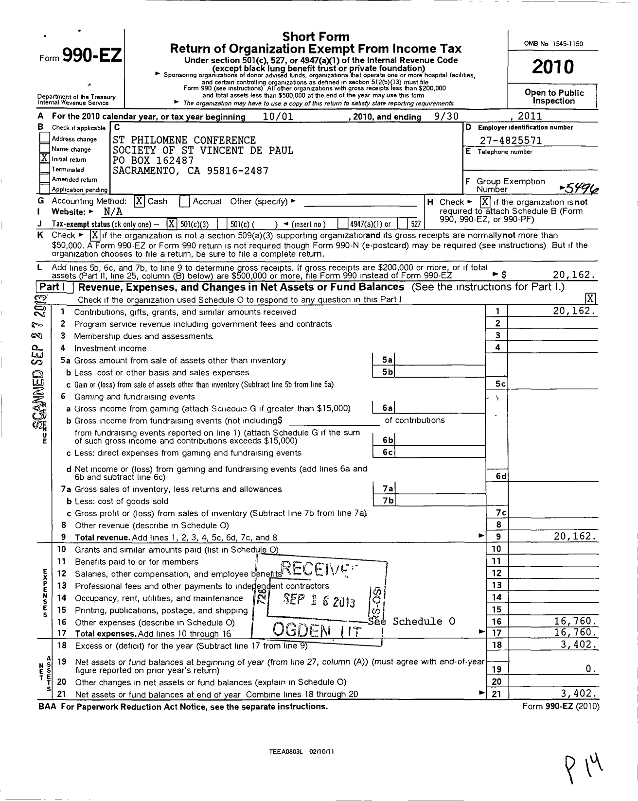 Image of first page of 2010 Form 990EZ for St Philomene Conference Society of St Vincent de Paul