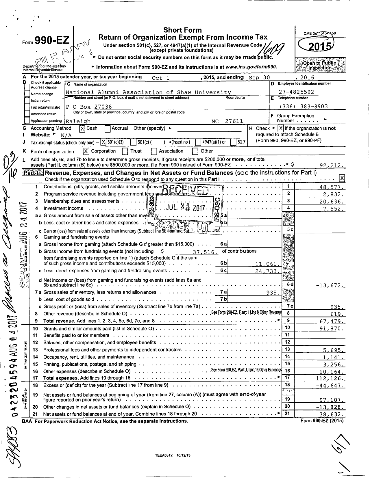 Image of first page of 2015 Form 990EZ for National Alumni Association of Shaw University