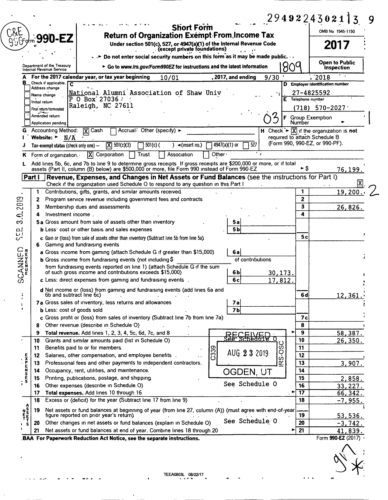 Image of first page of 2017 Form 990EZ for National Alumni Association of Shaw University