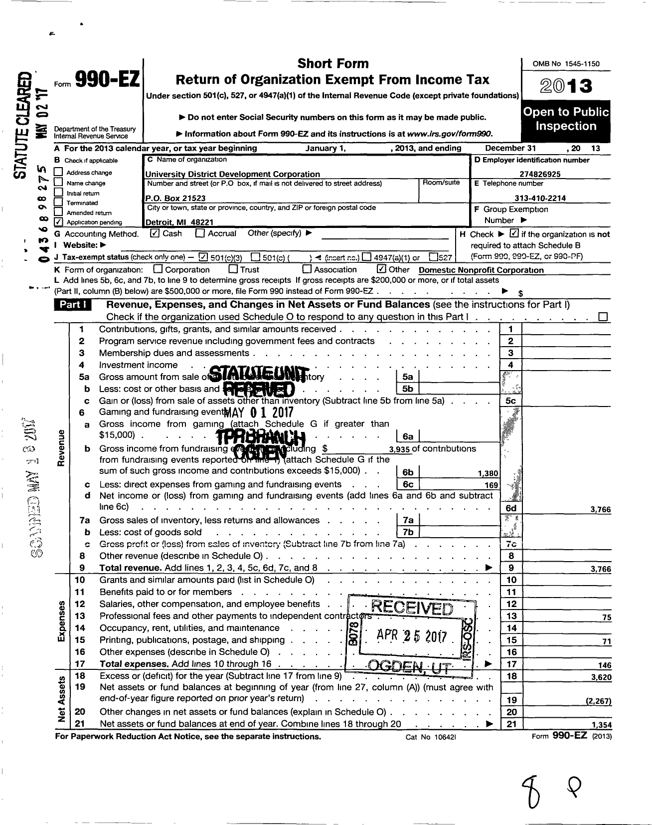 Image of first page of 2013 Form 990EZ for University District Development Corporation