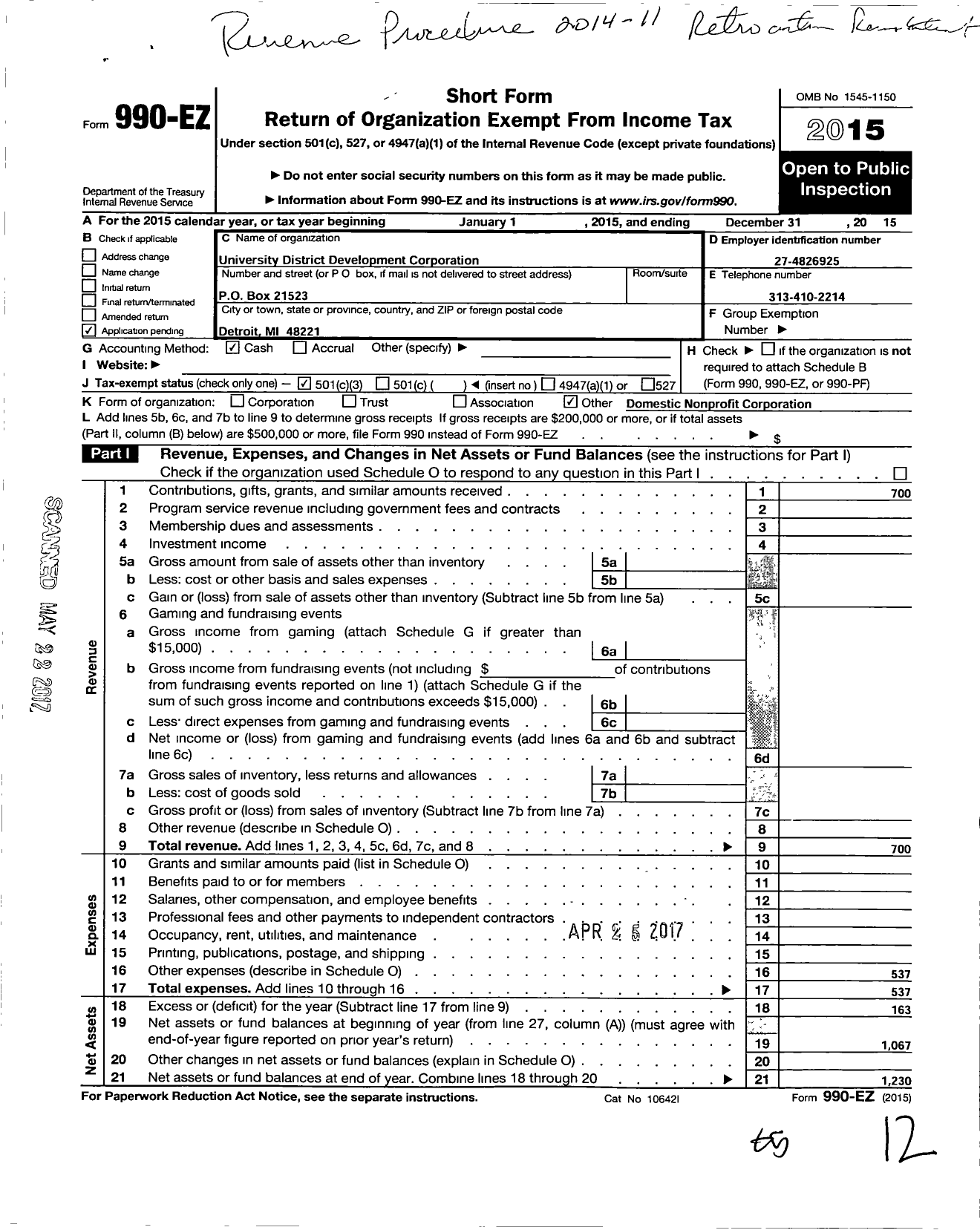 Image of first page of 2015 Form 990EZ for University District Development Corporation