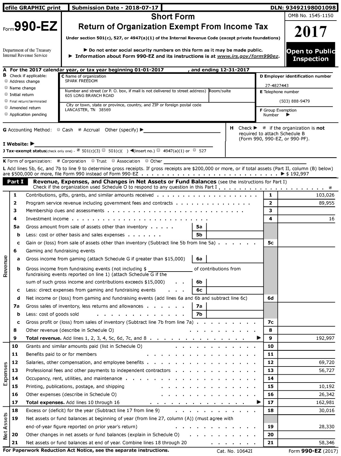 Image of first page of 2017 Form 990EZ for Spark Freedom