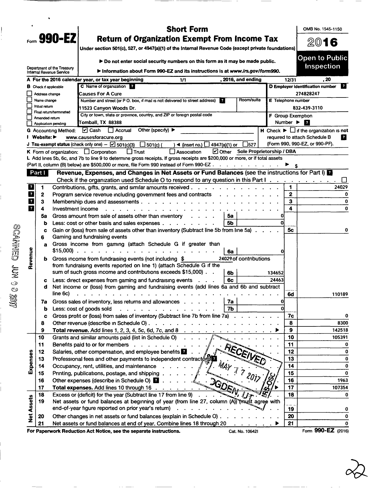 Image of first page of 2016 Form 990EZ for Causes for A Cure