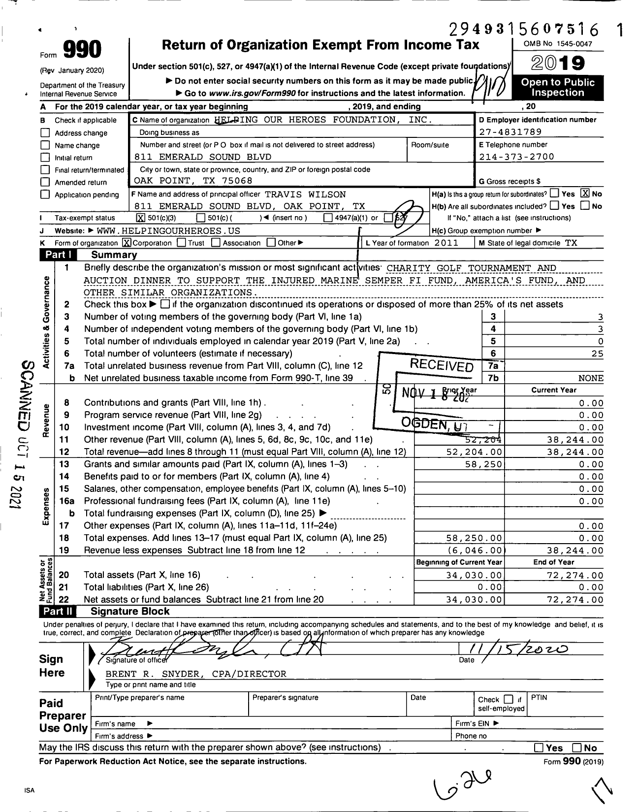 Image of first page of 2019 Form 990 for Helping Our Heroes Foundation