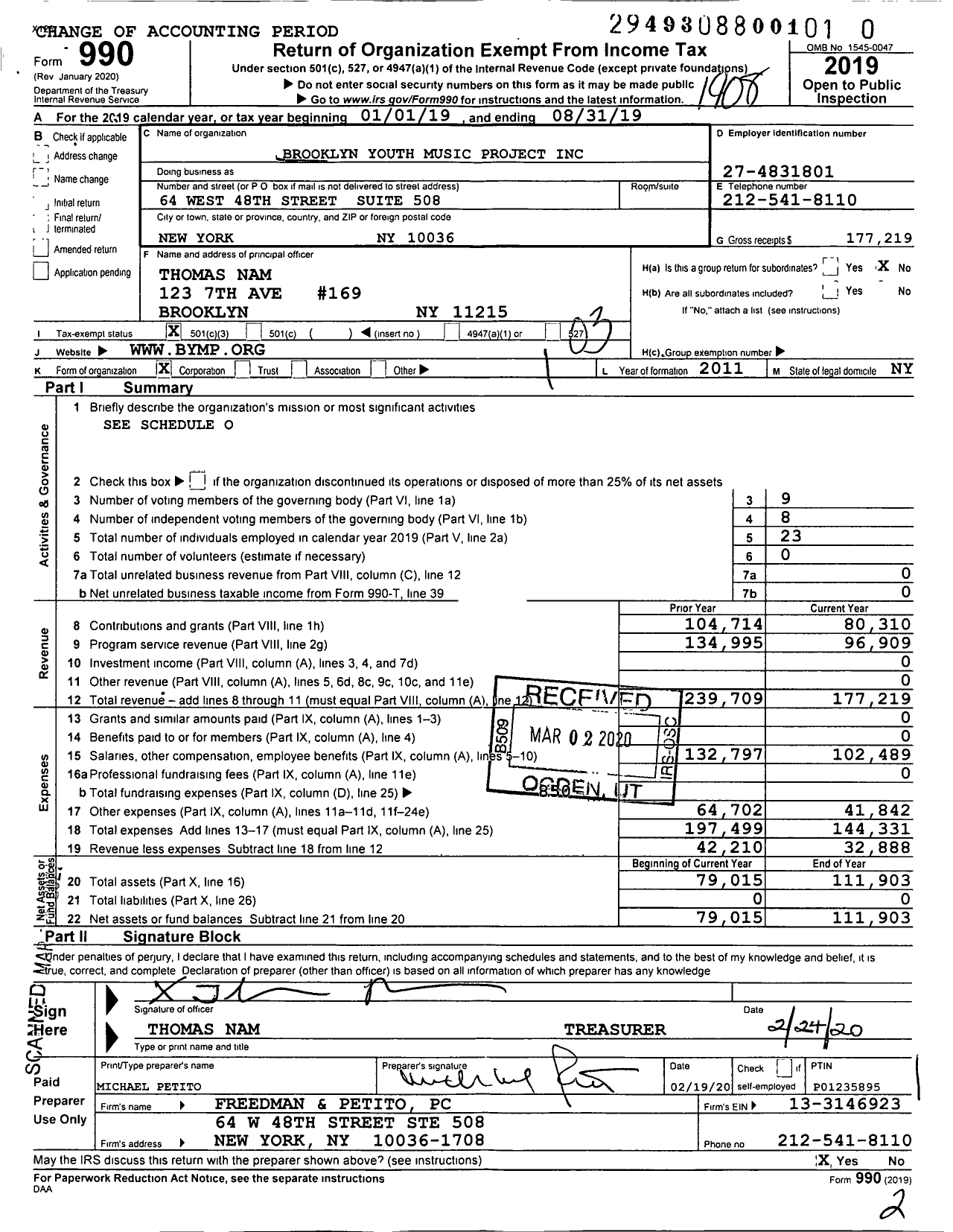 Image of first page of 2018 Form 990 for Brooklyn Youth Music Project