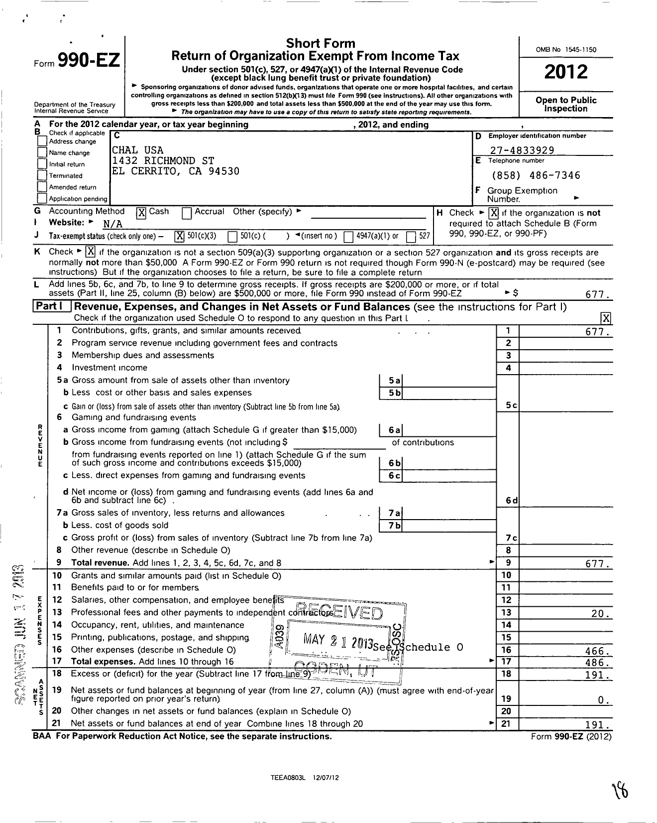 Image of first page of 2012 Form 990EZ for Chal USA