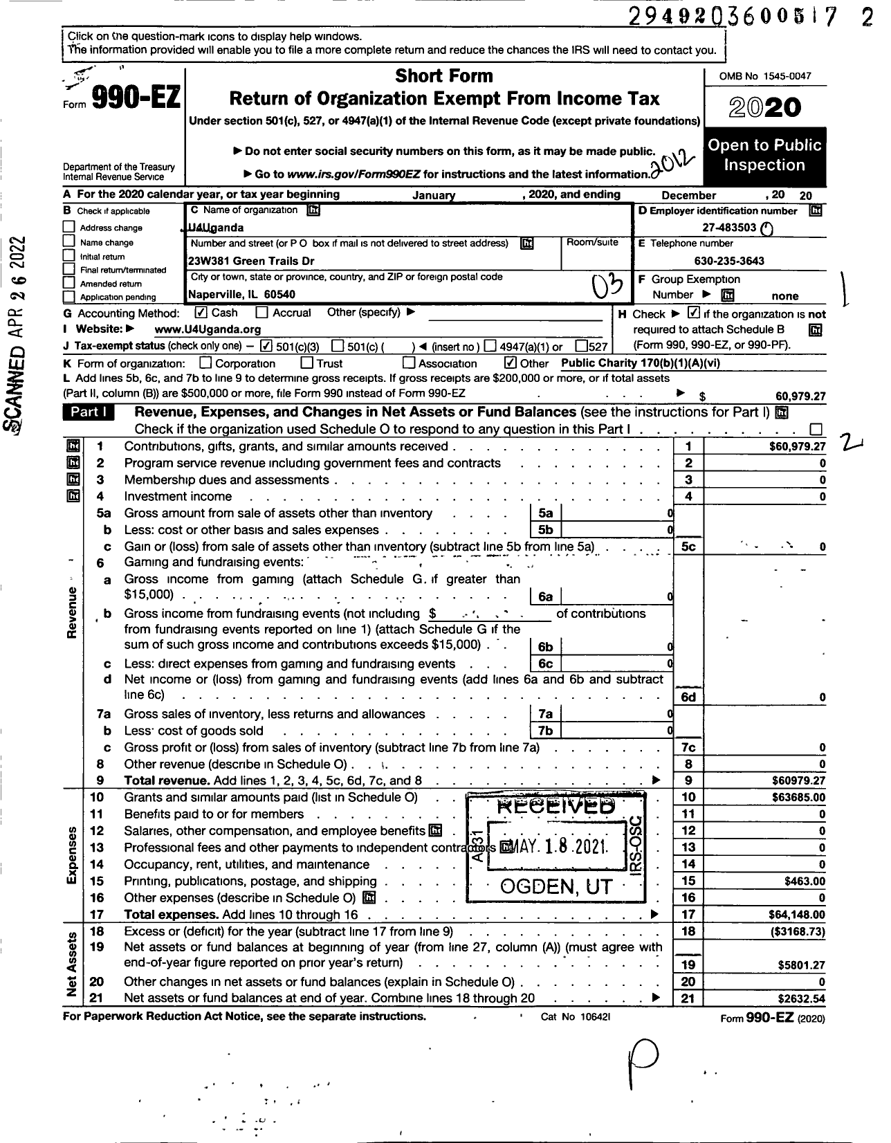 Image of first page of 2020 Form 990EZ for U4Uganda