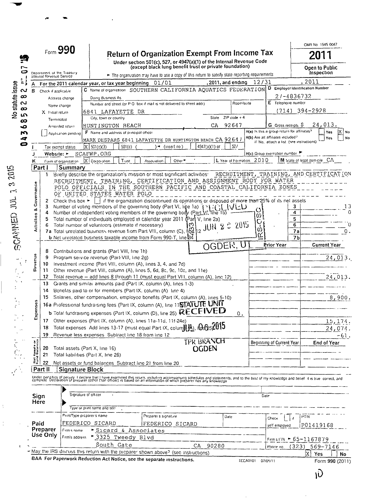 Image of first page of 2011 Form 990 for Southern California Aquatics Federation