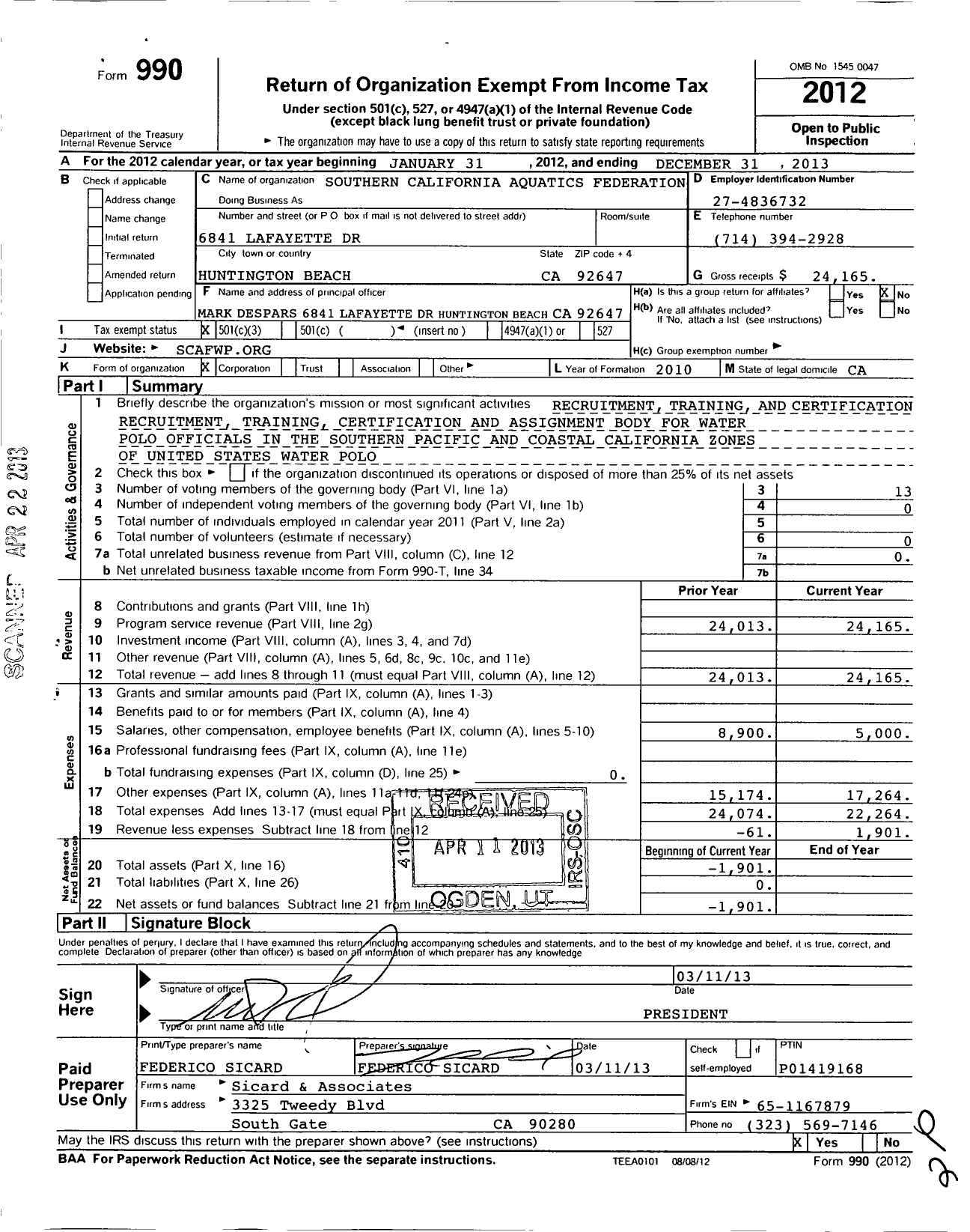 Image of first page of 2012 Form 990 for Southern California Aquatics Federation