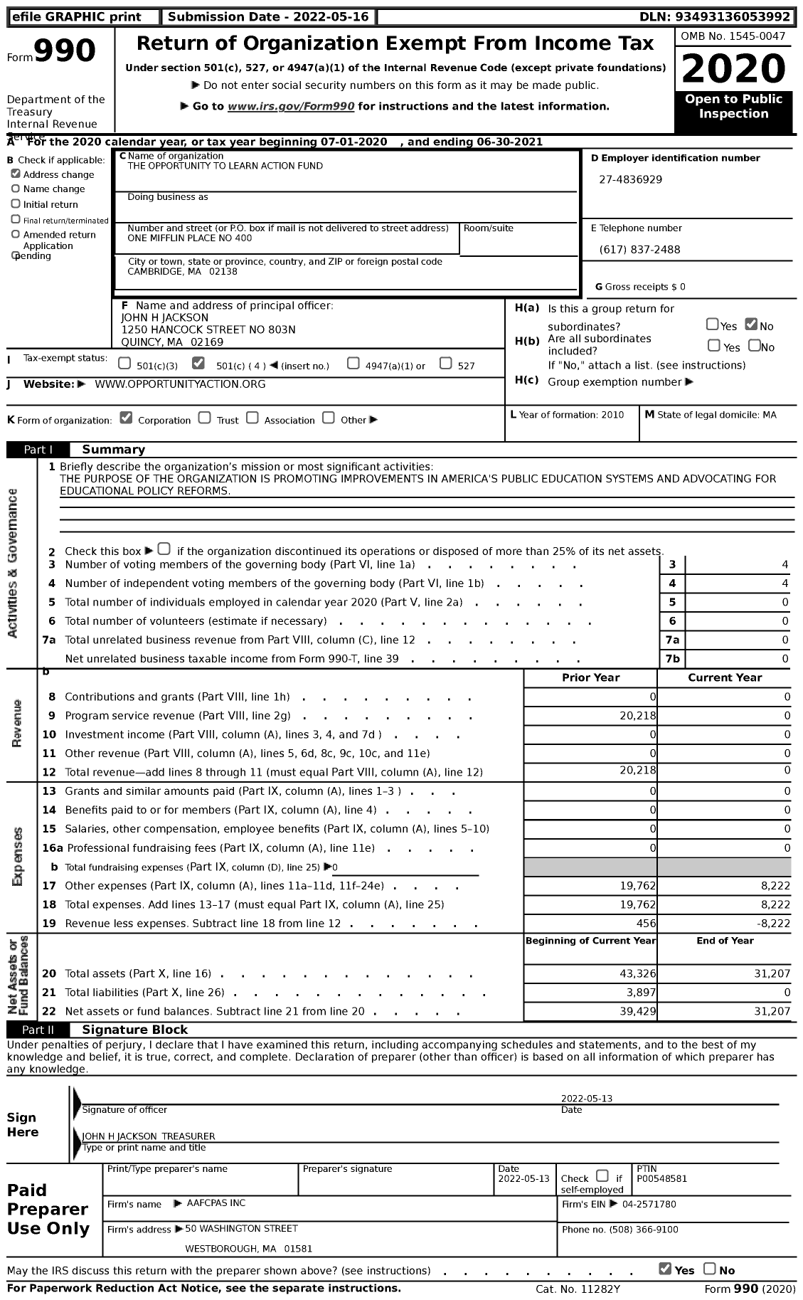 Image of first page of 2020 Form 990 for The Opportunity To Learn Action Fund