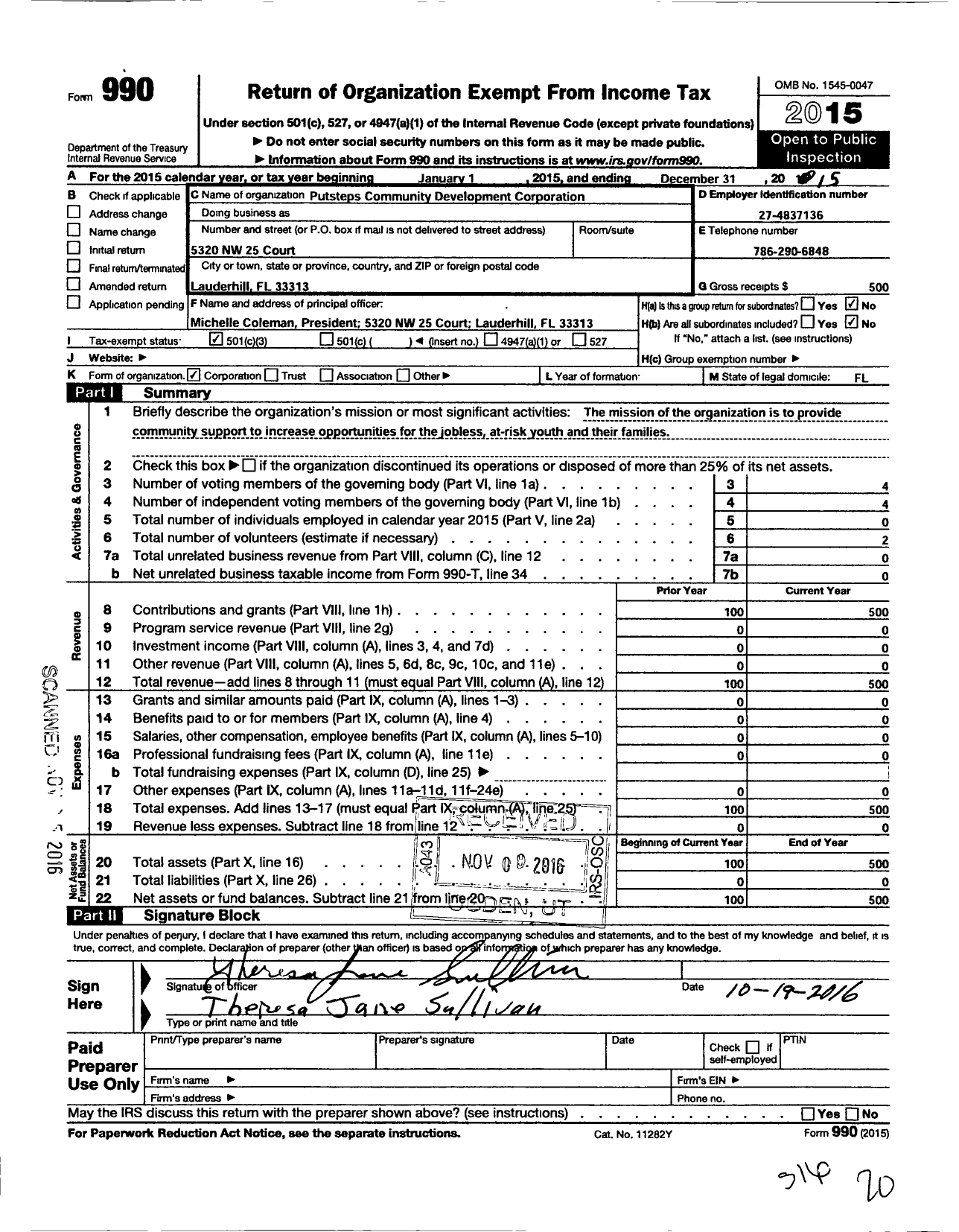 Image of first page of 2015 Form 990 for Putsteps Community Development Corporation