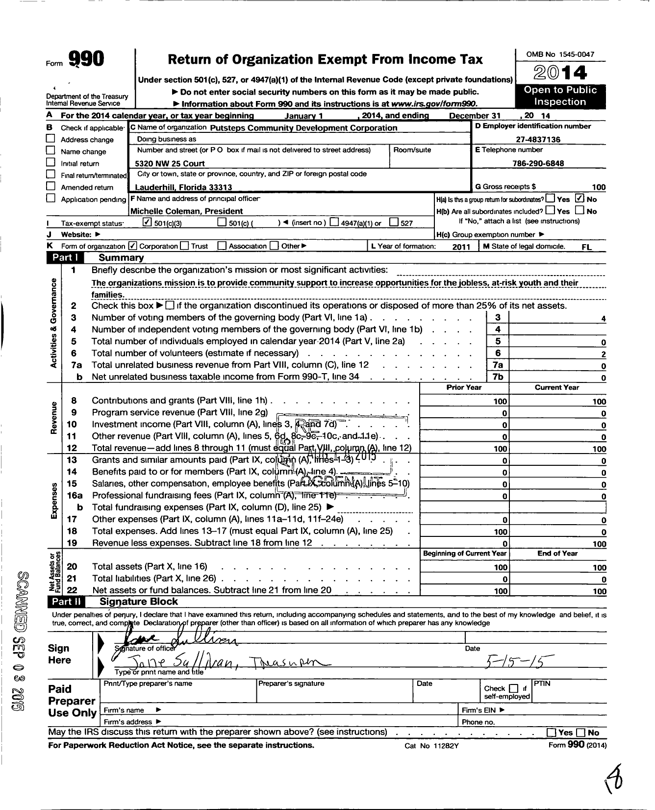 Image of first page of 2014 Form 990 for Putsteps Community Development Corporation