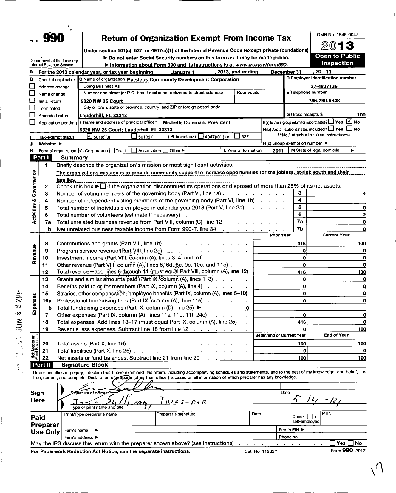 Image of first page of 2013 Form 990 for Putsteps Community Development Corporation