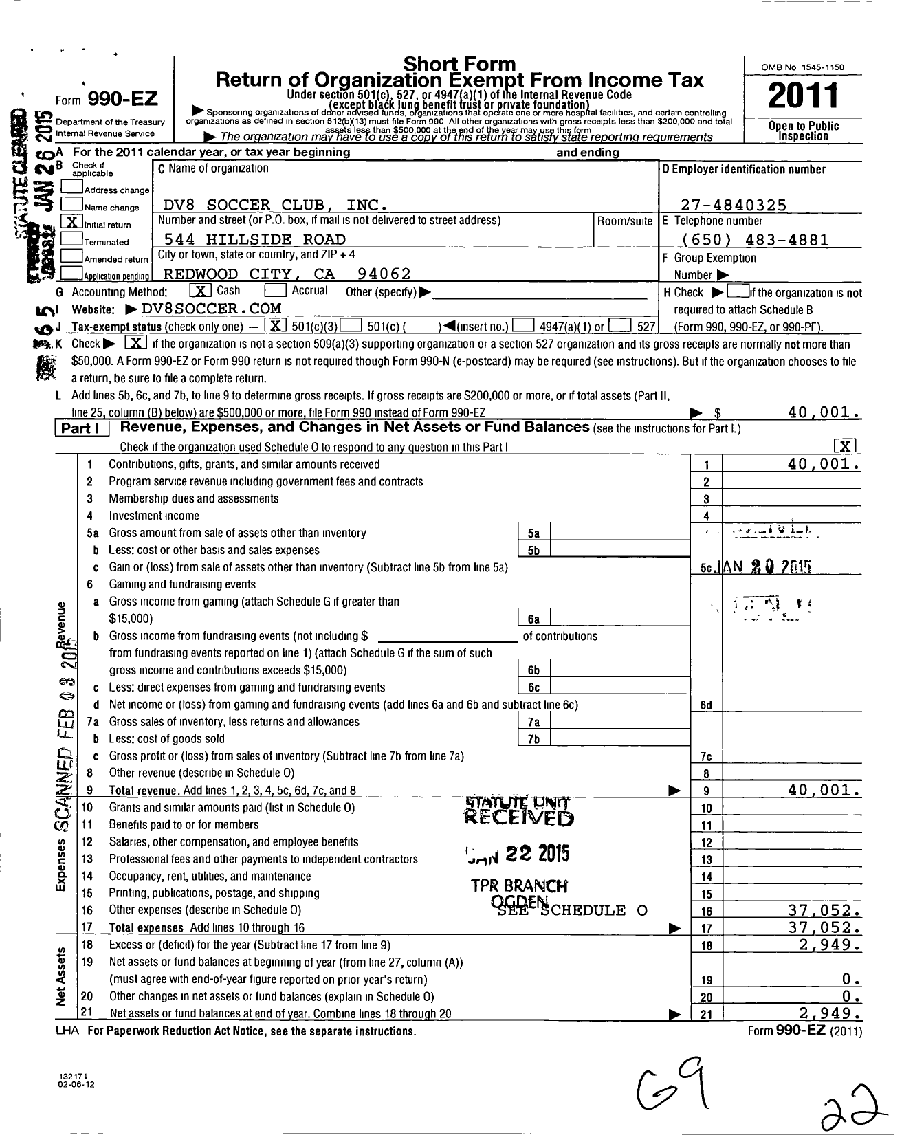 Image of first page of 2011 Form 990EZ for DV8 Soccer Club